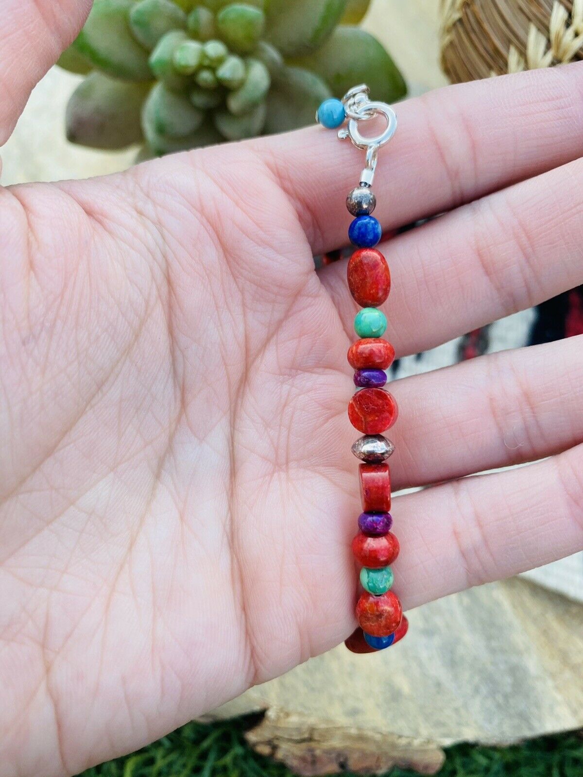 Handcrafted Coral & Multi Stone Sterling Silver Beaded Bracelet