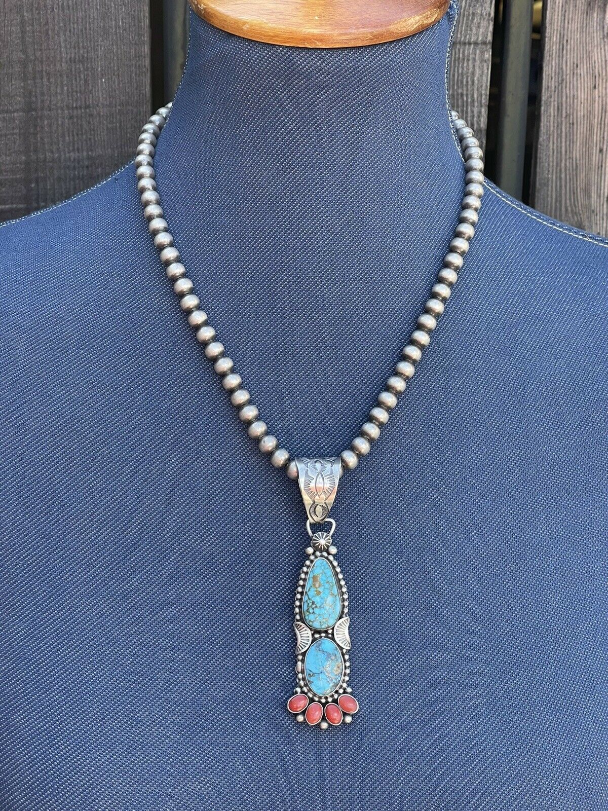 Handcrafted Sterling Kingman Web Turquoise & Red Coral Taos Pendant Danny Clark