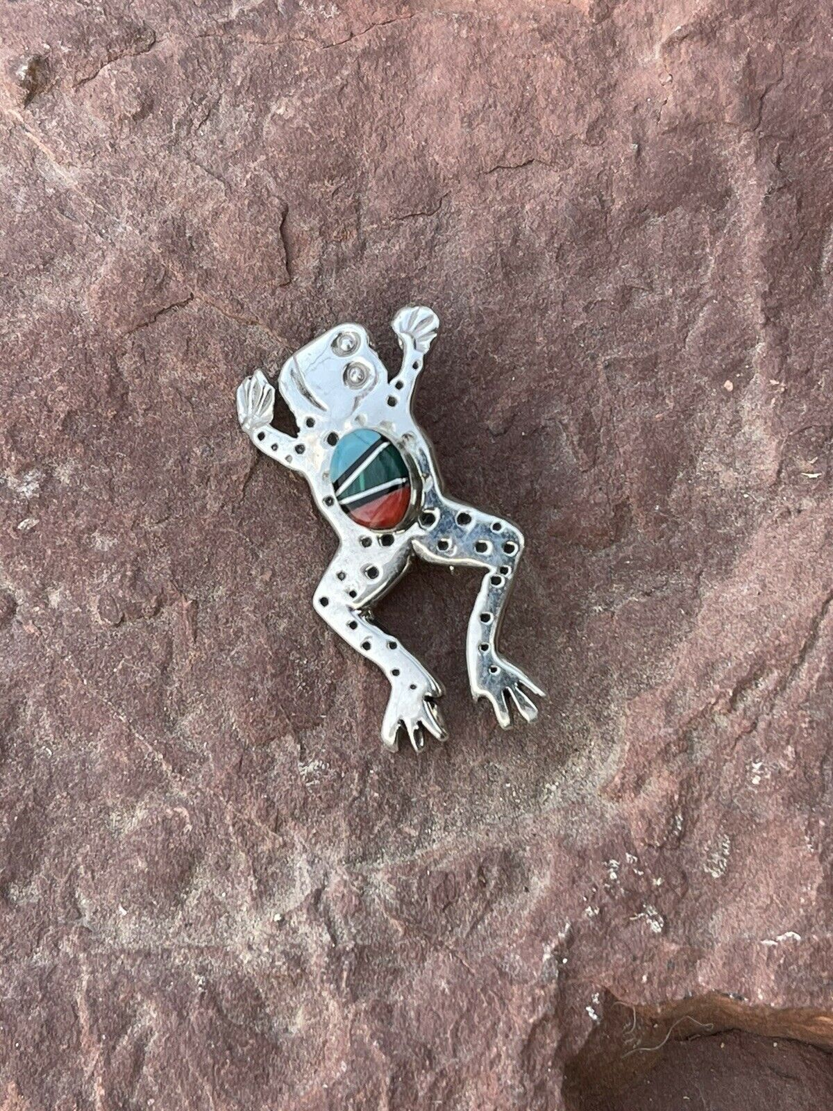 Handcrafted Sterling Silver Multi Stone Leap Frog Pendant Pin Signed