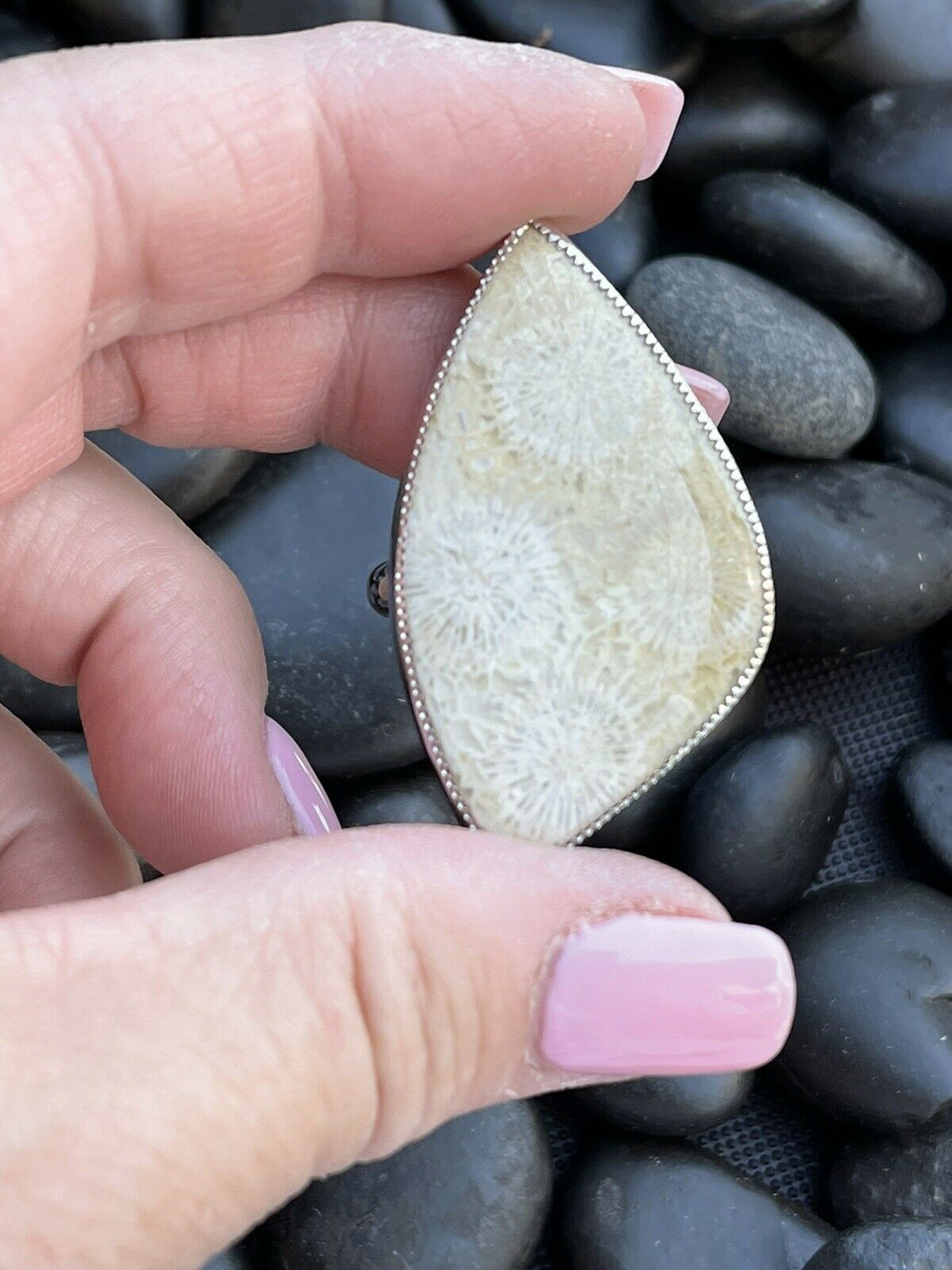 Handcrafted Fossilized Coral & Sterling Silver Adjustable Ring Signed