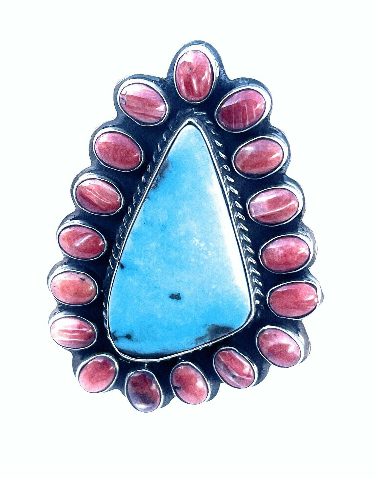 Handcrafted Cluster Fox Turquoise Spiny Sterling Silver Ring Sz Is Adjustable