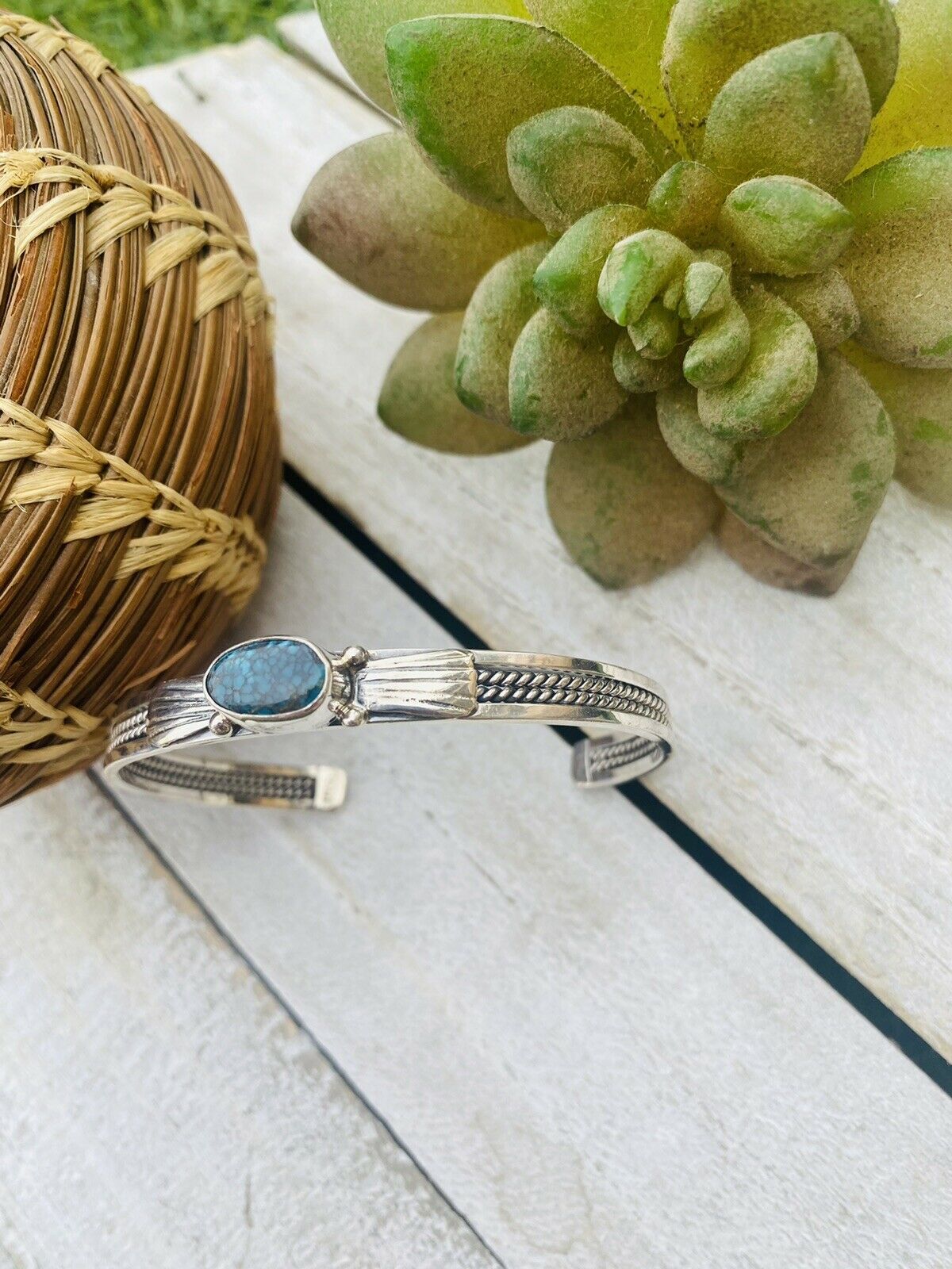 Handcrafted Sterling Silver & Royston Turquoise Stacker Cuff Bracelet Signed