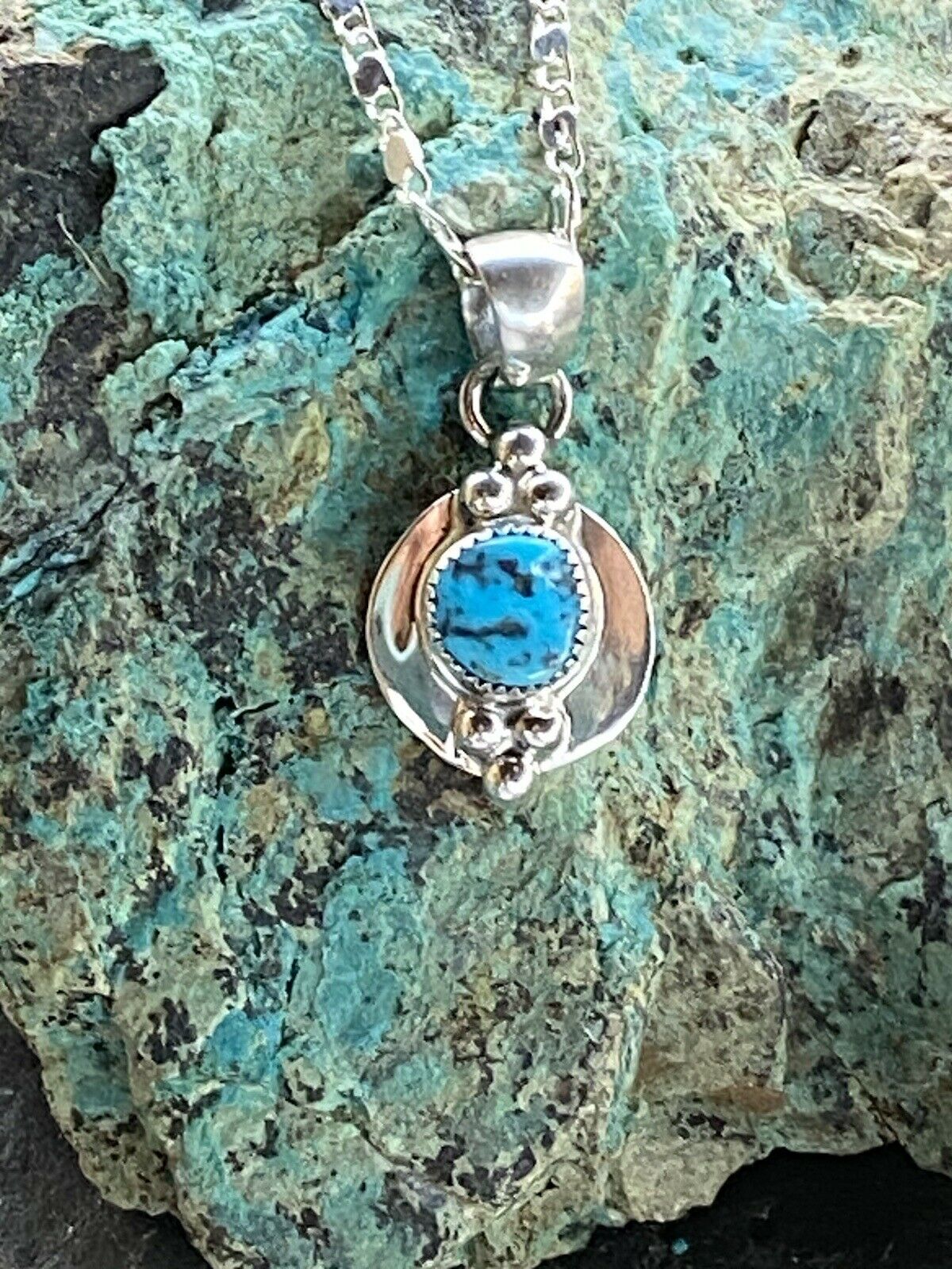 Handcrafted Handmade Sterling Silver & Kingman Turquoise Square Pendant Signed