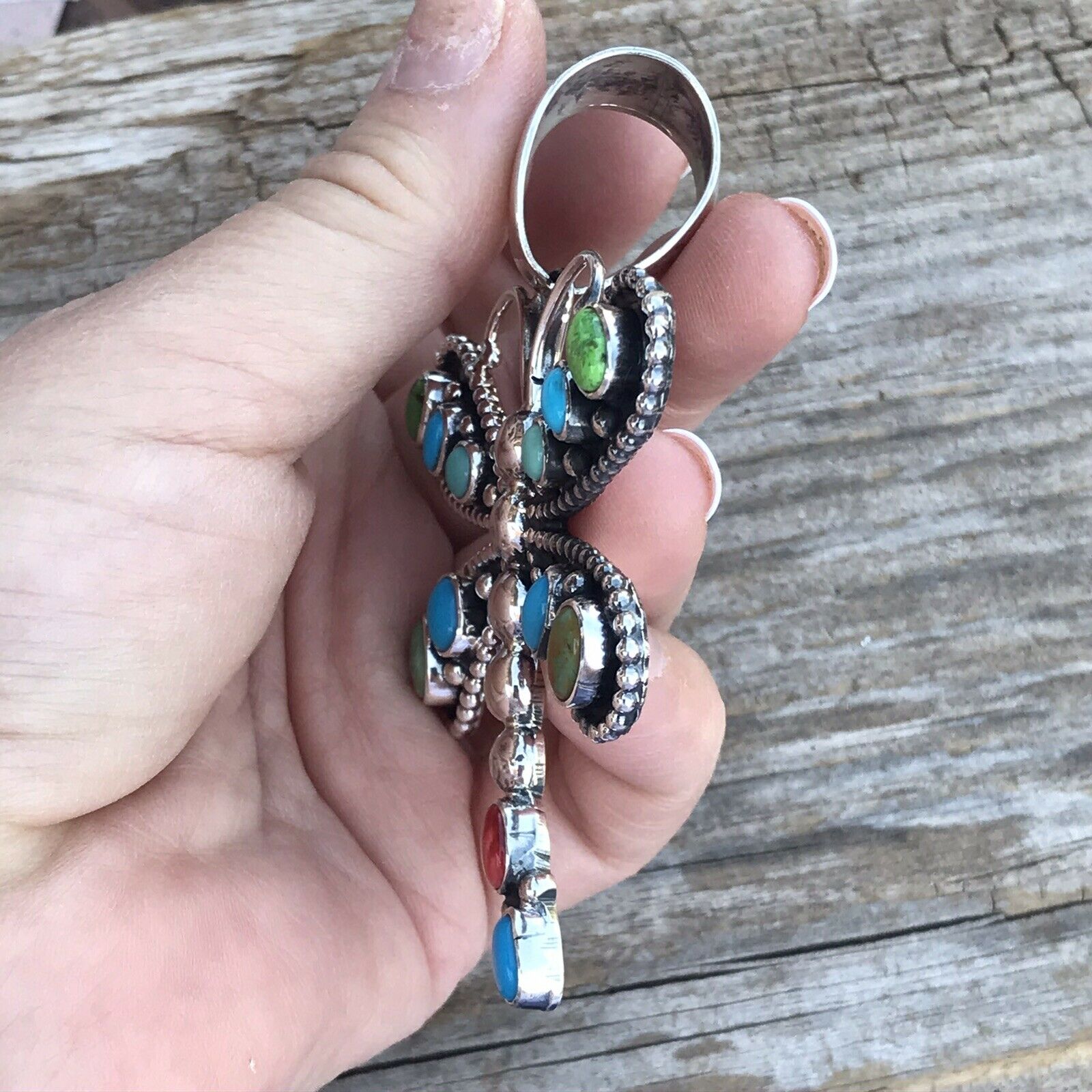 Beautiful Navajo Sterling Silver Multi Stone Dragonfly Pendant Paul Livingston