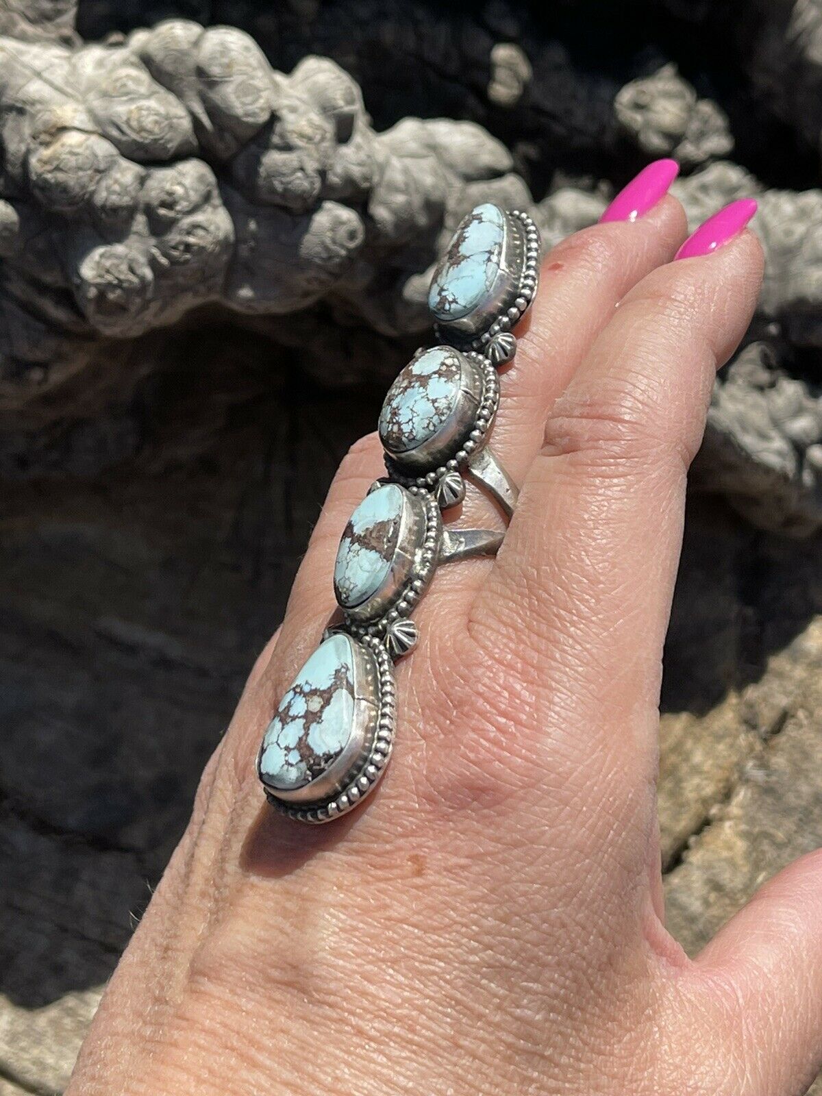 Handcrafted Golden Hills Turquoise & Sterling Silver Ring Sz 6.5 Signed Bobby John