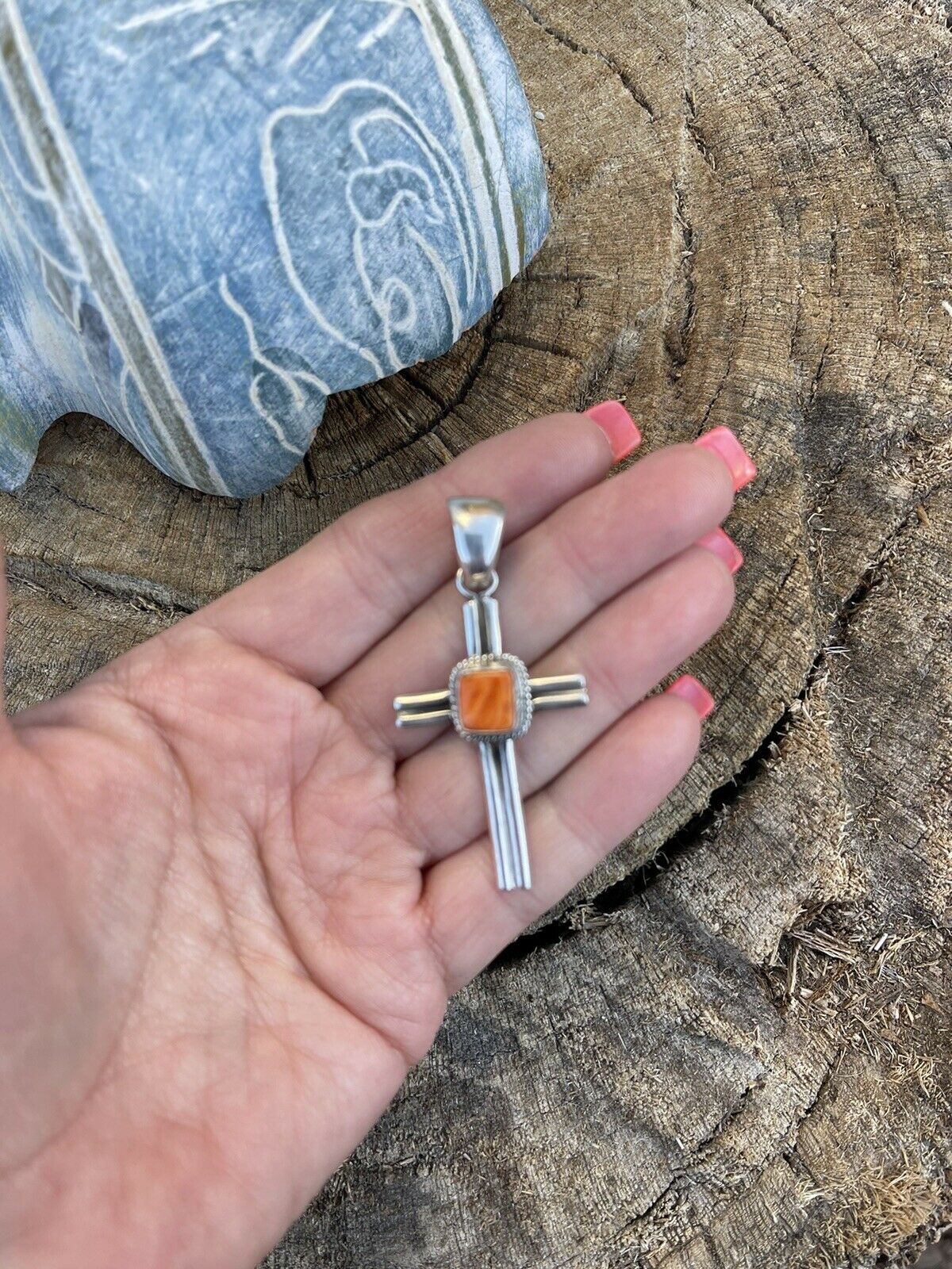 Handcrafted Sterling Silver & Orange Spiny Shell Cross Pendant Signed