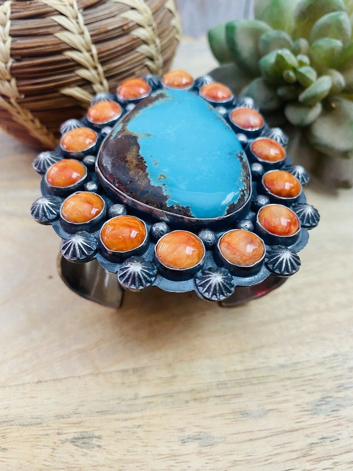 Handcrafted Orange Spiny, Turquoise & Sterling Silver Cuff Bracelet Signed /