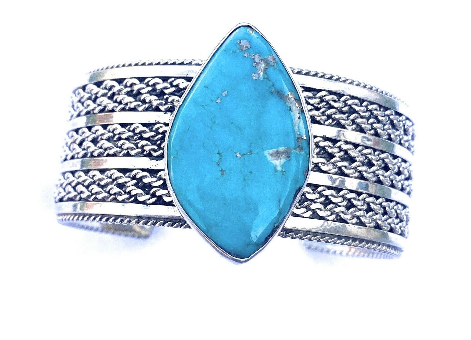 Handcrafted & Hand Stamped Sterling Silver & Royston Turquoise Cuff Bracelet Signed