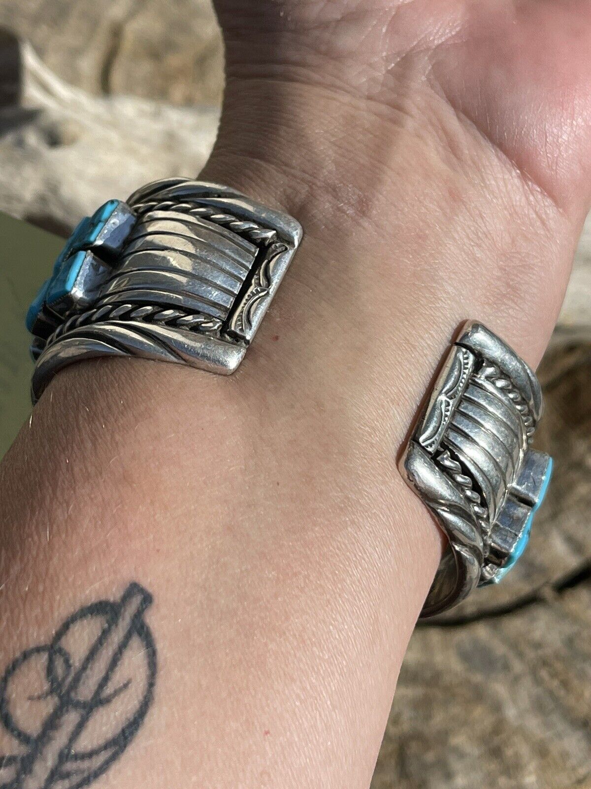 Vintage Navajo Sterling Silver & Kingman Turquoise Non Working Watch Bracelet