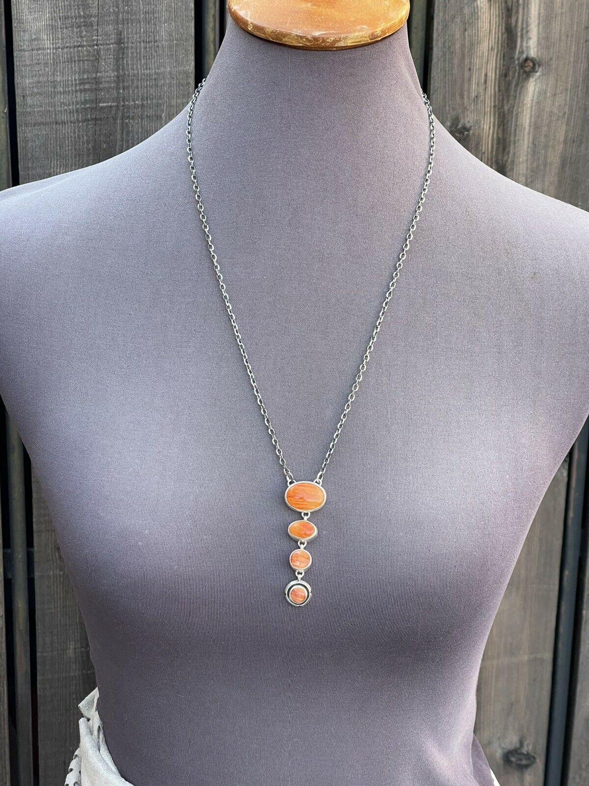 Handcrafted Orange Spiny Circle & Sterling Silver 4 Stone Lariat Necklace