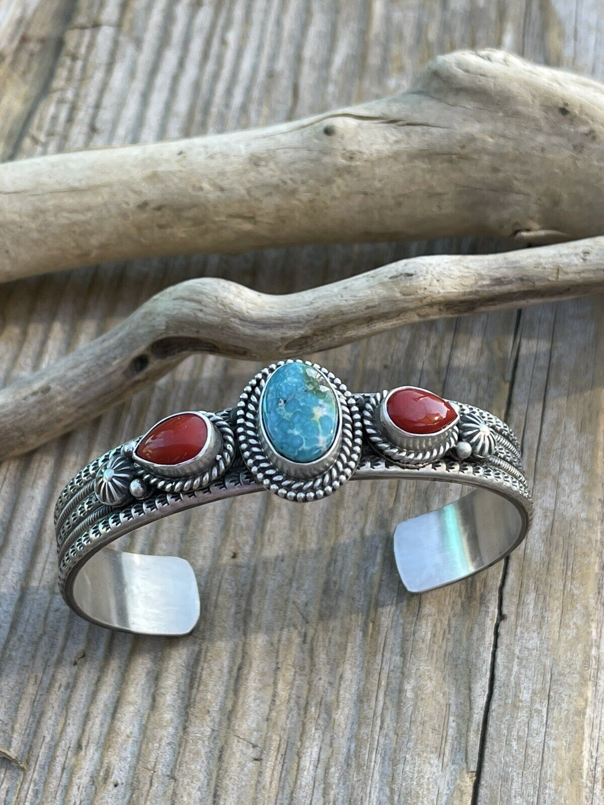 Navajo Sterling Silver Red Coral & Turquoise Bracelet Signed M & R Calladitto /