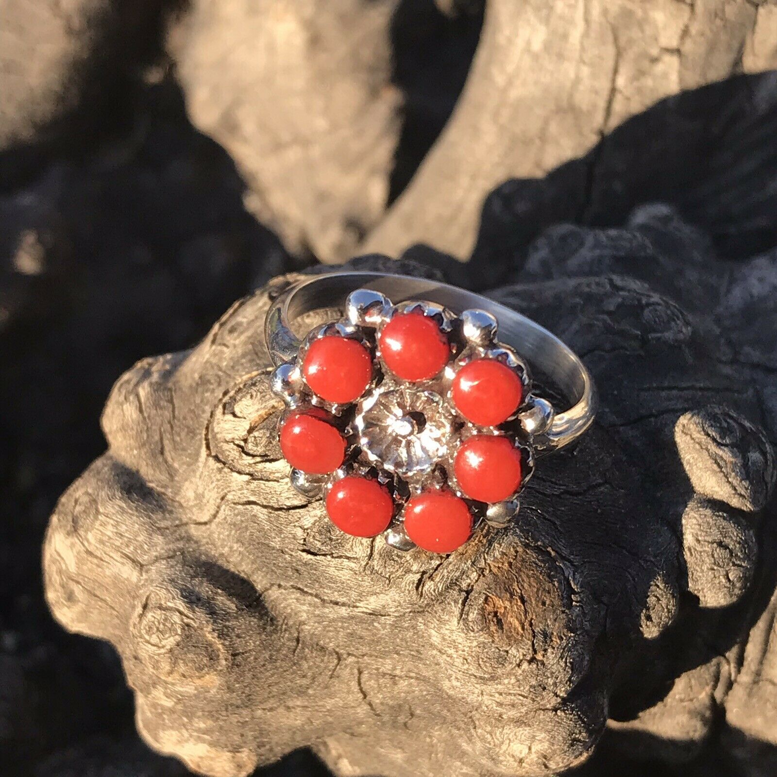 Handcrafted Coral & Sterling Silver Cuff Bracelet And Ring Set Signed And Stamped