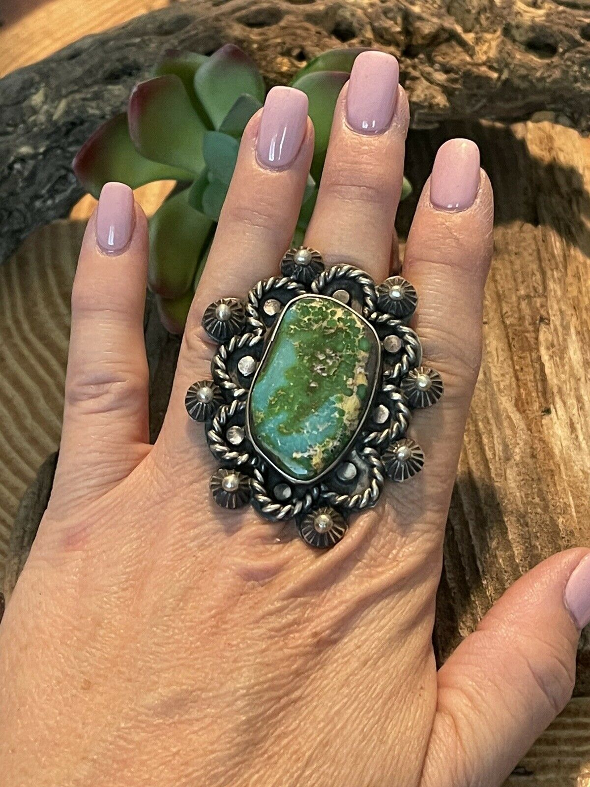 Handcrafted Stunning Natural Royston Turquoise & Sterling Ring Size 7.