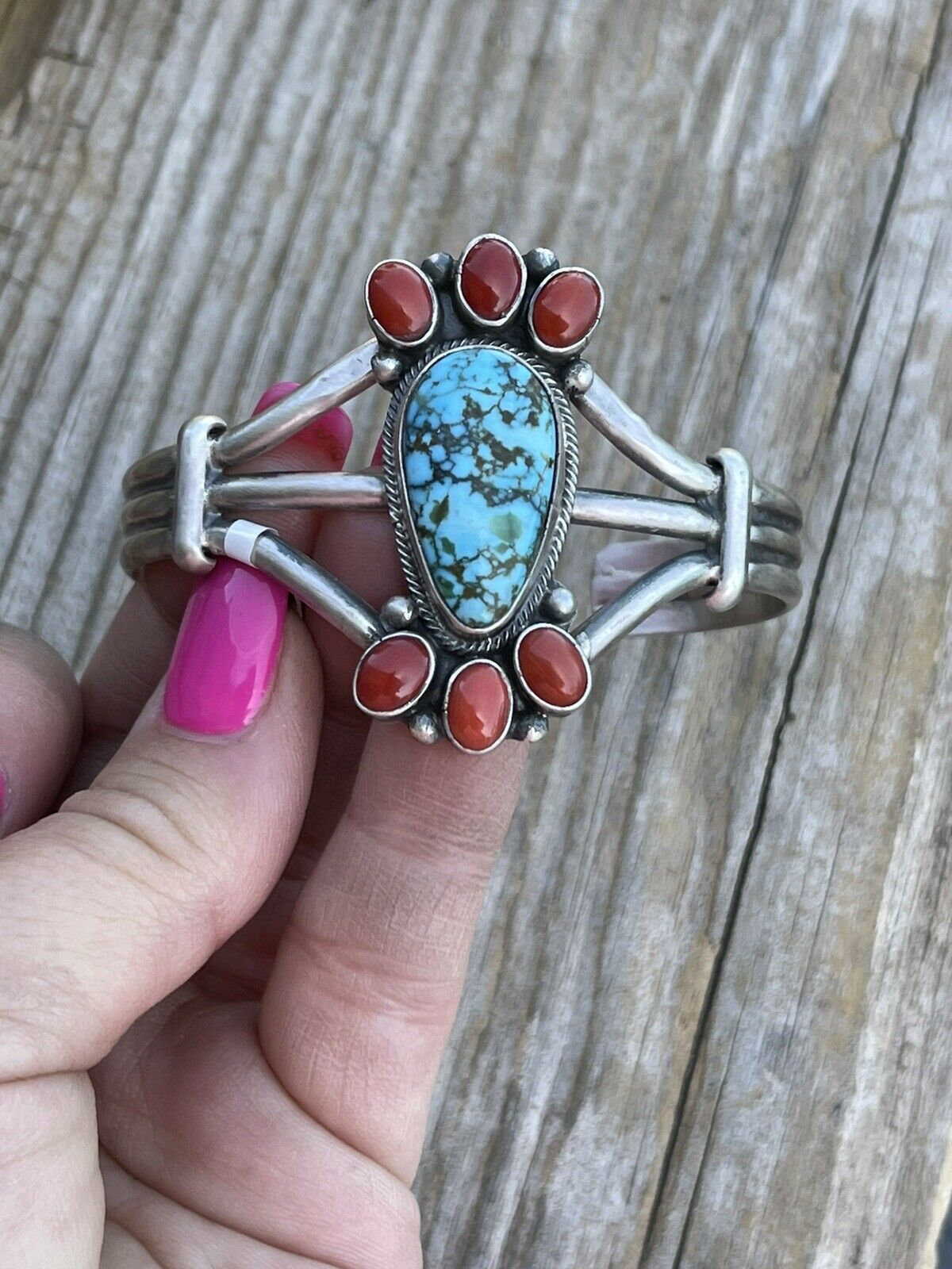 Navajo Sterling Kingman Web Turquoise & Red Coral Taos Bracelet Cuff by Bobby Johnson /