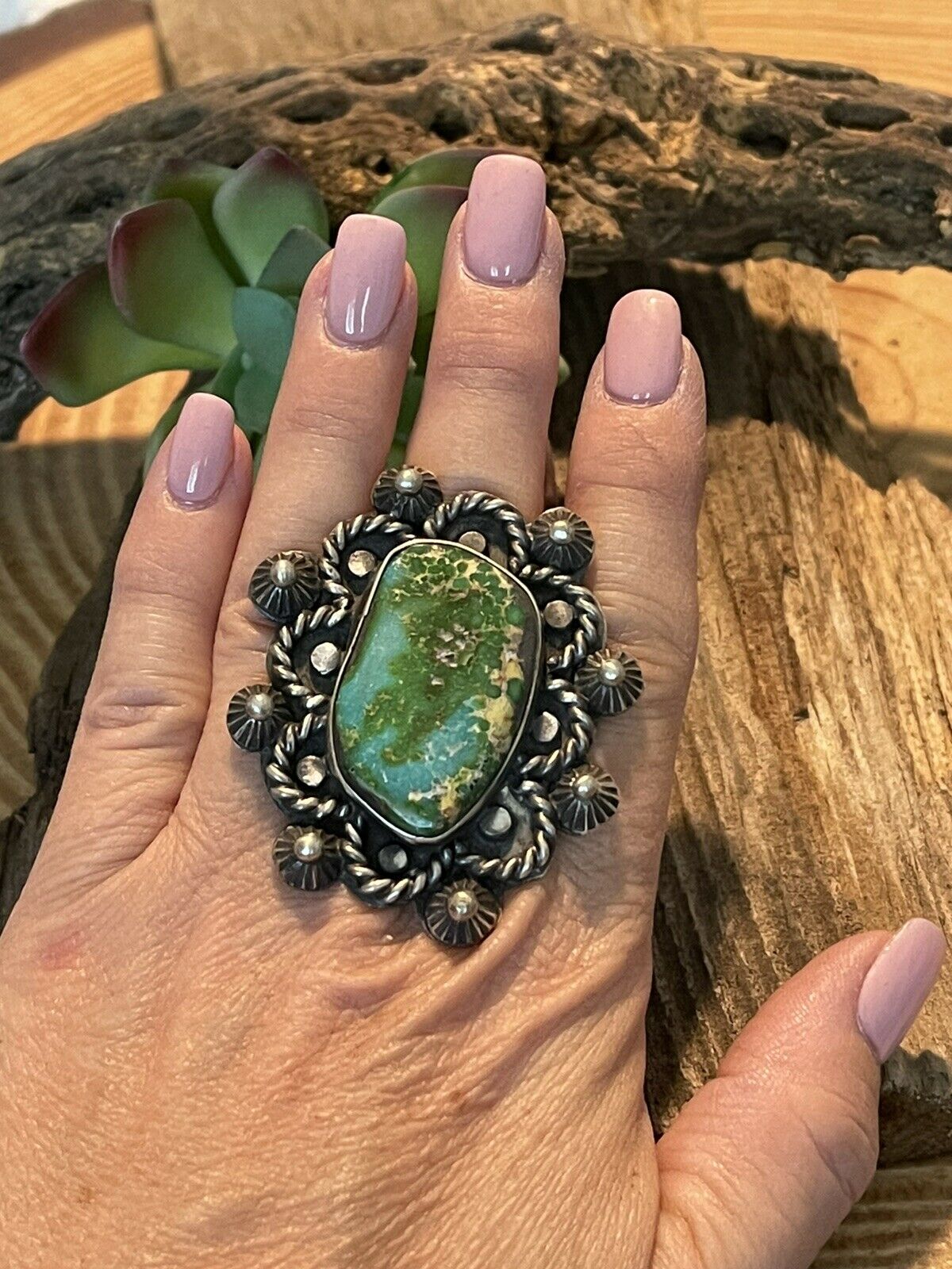 Handcrafted Stunning Natural Royston Turquoise & Sterling Ring Size 7.