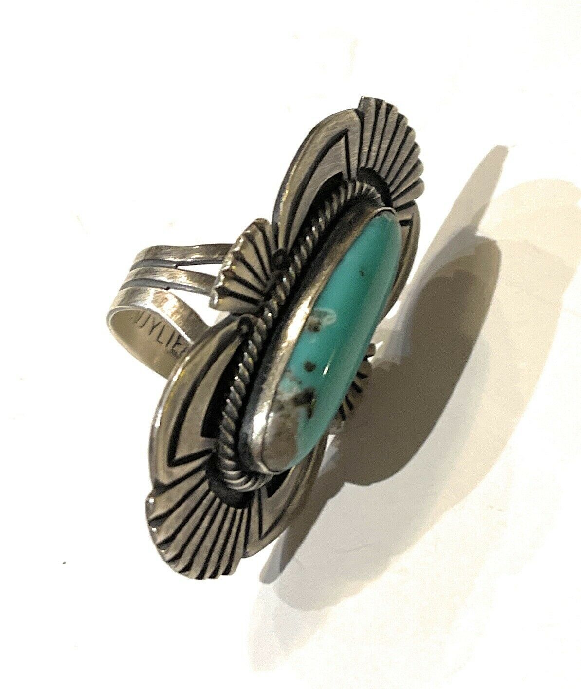 Handcrafted Turquoise & Sterling Silver Navajo Deco Ring Size 7.5