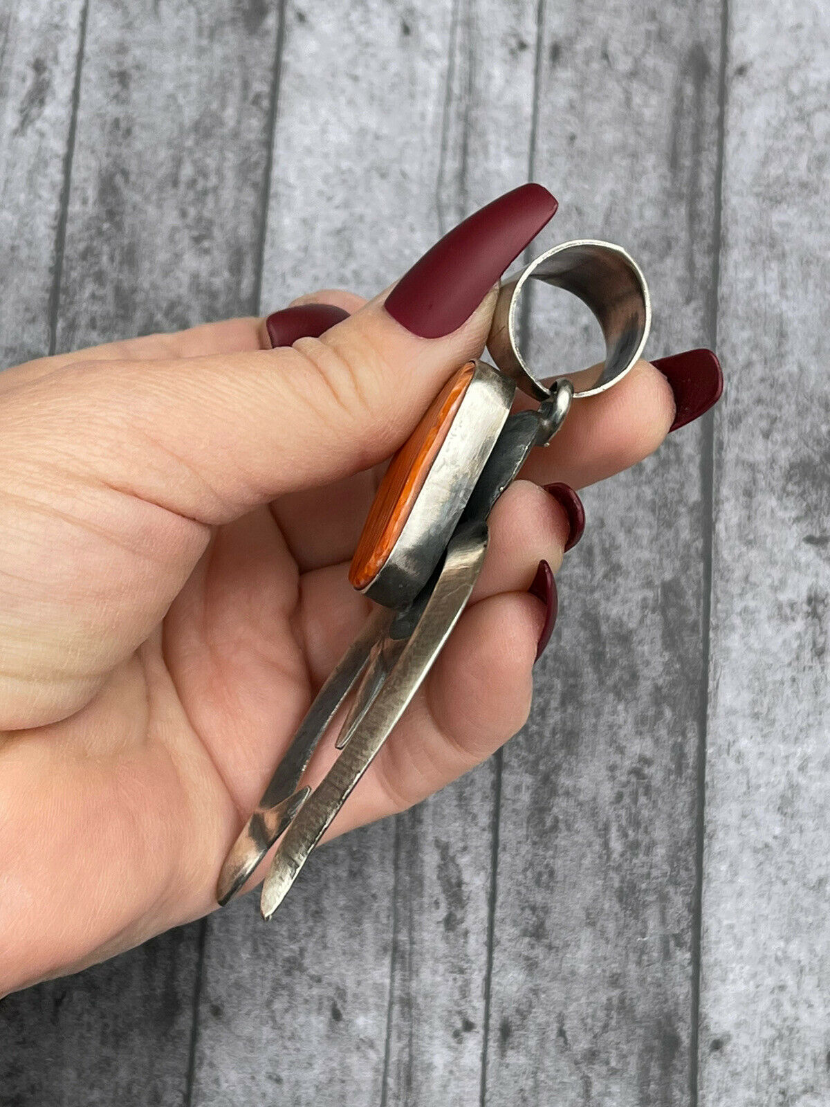 Handcrafted Chimney Butte Orange Spiny & Sterling Silver Naja Pendant Signed