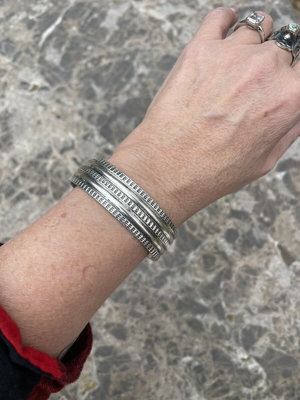 Handcrafted Sterling Silver Tribal Style Hand Stamped Bracelet Cuff Signed