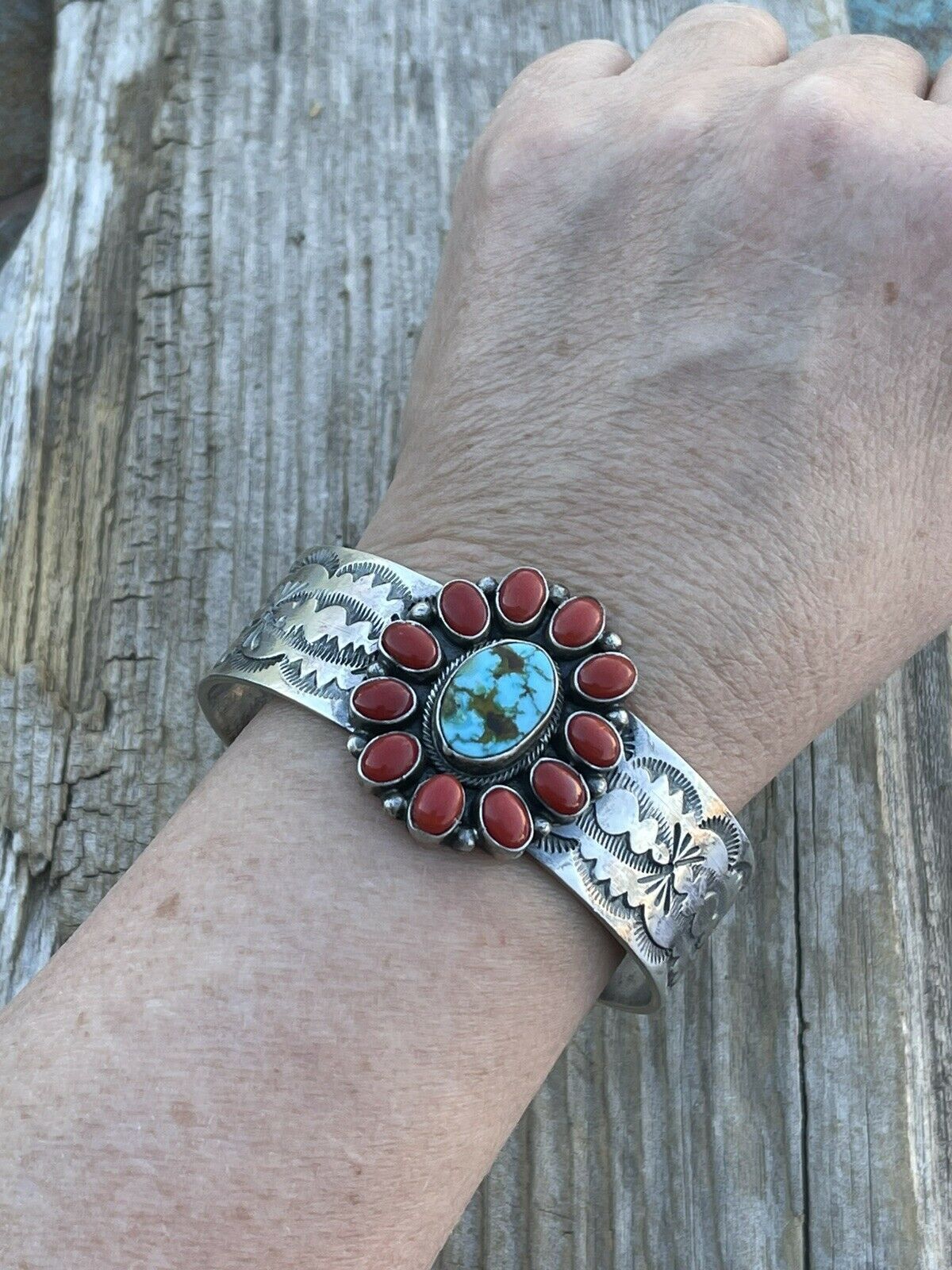 Handcrafted Sterling Kingman Web Turquoise & Red Coral Taos Bracelet Cuff by Bobby Johnson /