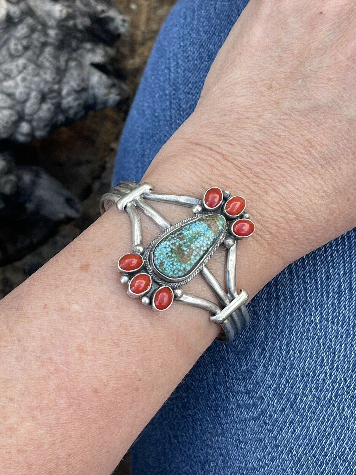 Handcrafted Sterling Silver Kingman Web Turquoise & Red Coral Taos Bracelet Cuff by Bobby Johnson /