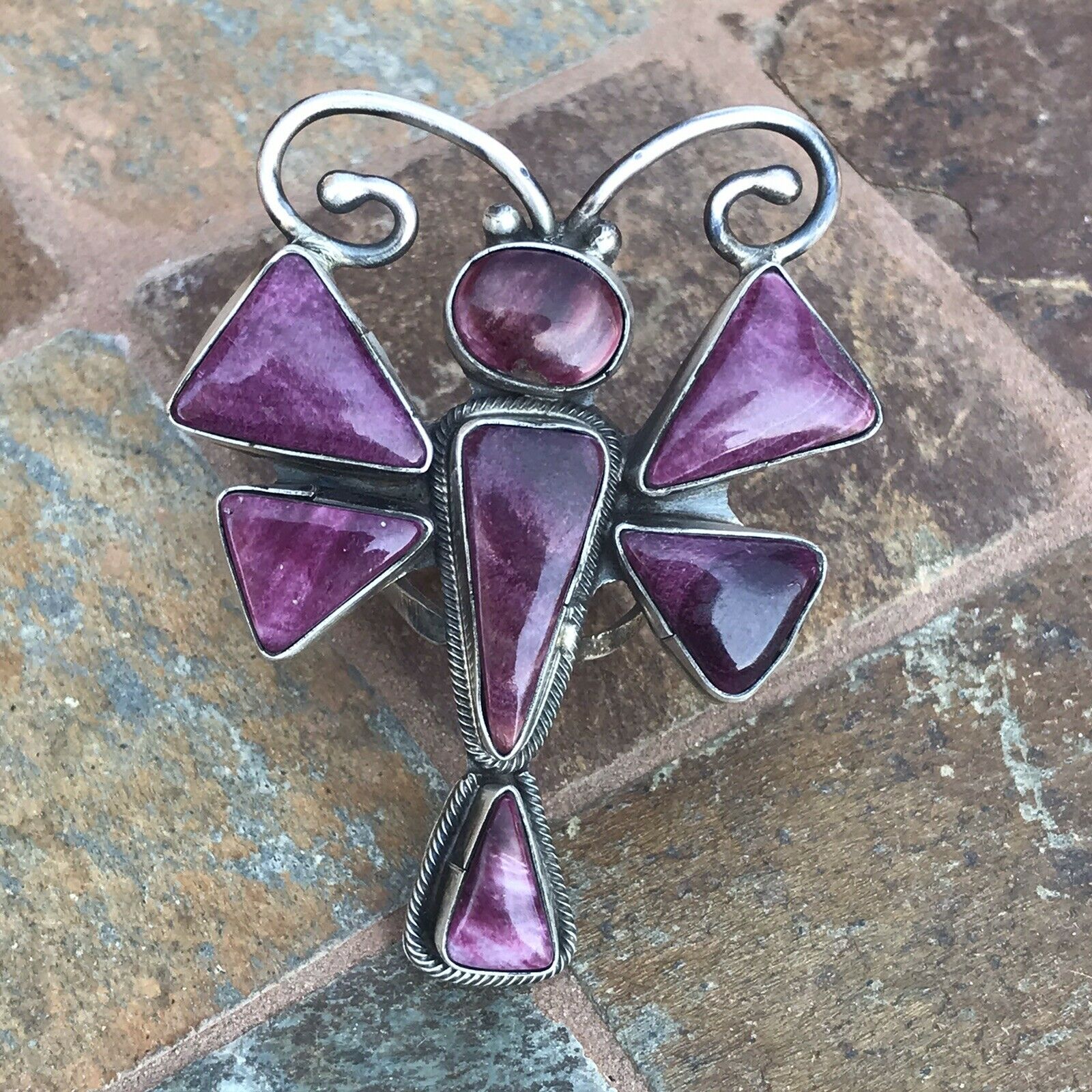 Handcrafted Sterling Silver Purple Spiny Oyster Dragonfly Ring Sz 6.5