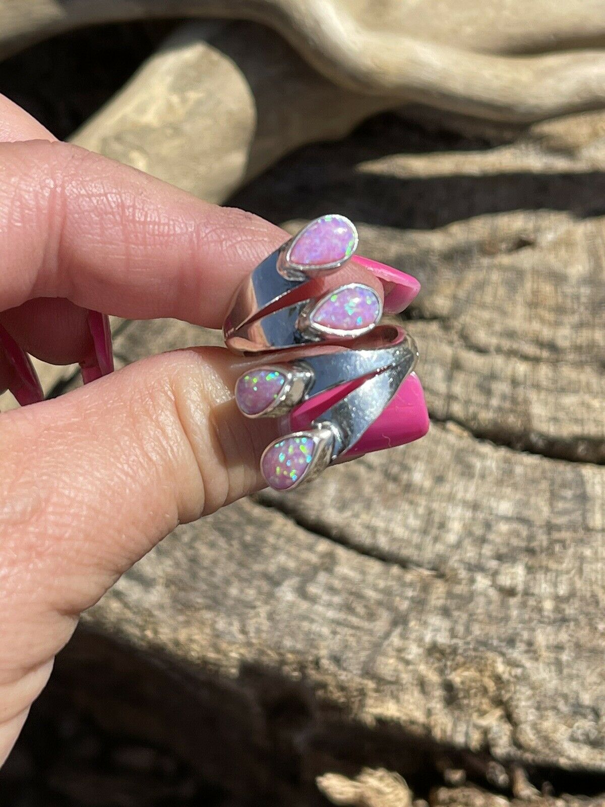 Handcrafted Sterling Silver Pink/ Purple Opal Adjustable 4 Stone Ring