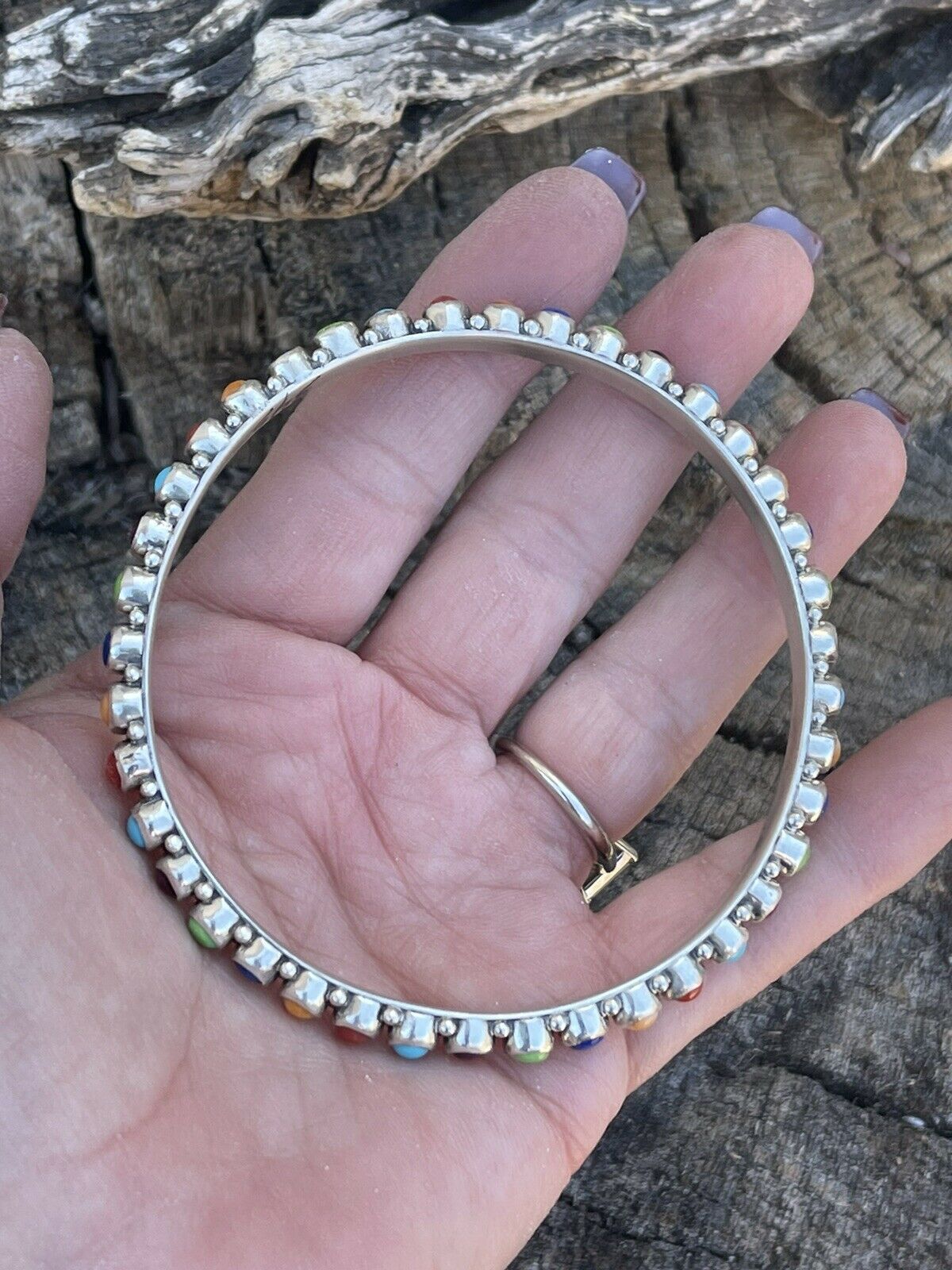 Handcrafted Multi Stone Rainbow Sterling Silver Bangle Signed