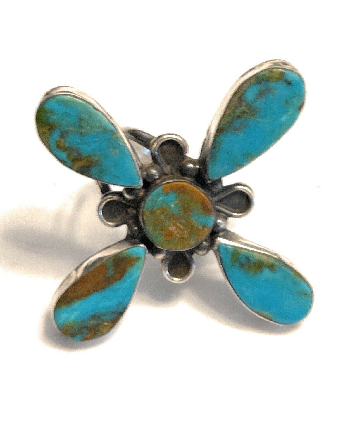 Handcrafted Sterling Silver & Royston Turquoise Scroll Petal Ring Size 7 Signed