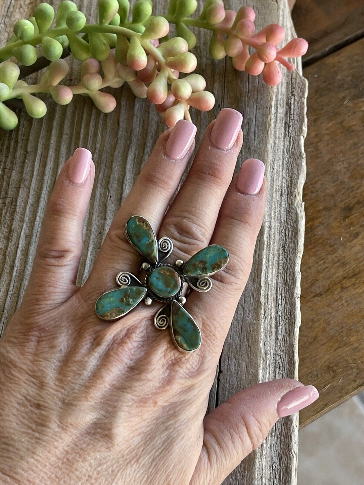 Sterling Silver & Royston Turquoise Scroll Petal Ring Size 8. Signed