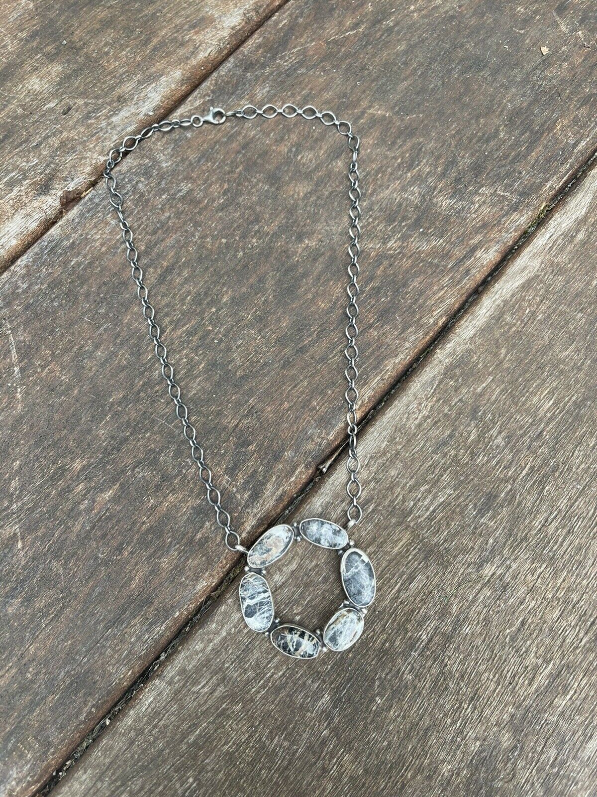 Handcrafted White Buffalo & Sterling Silver Circle Cluster Necklace Signed