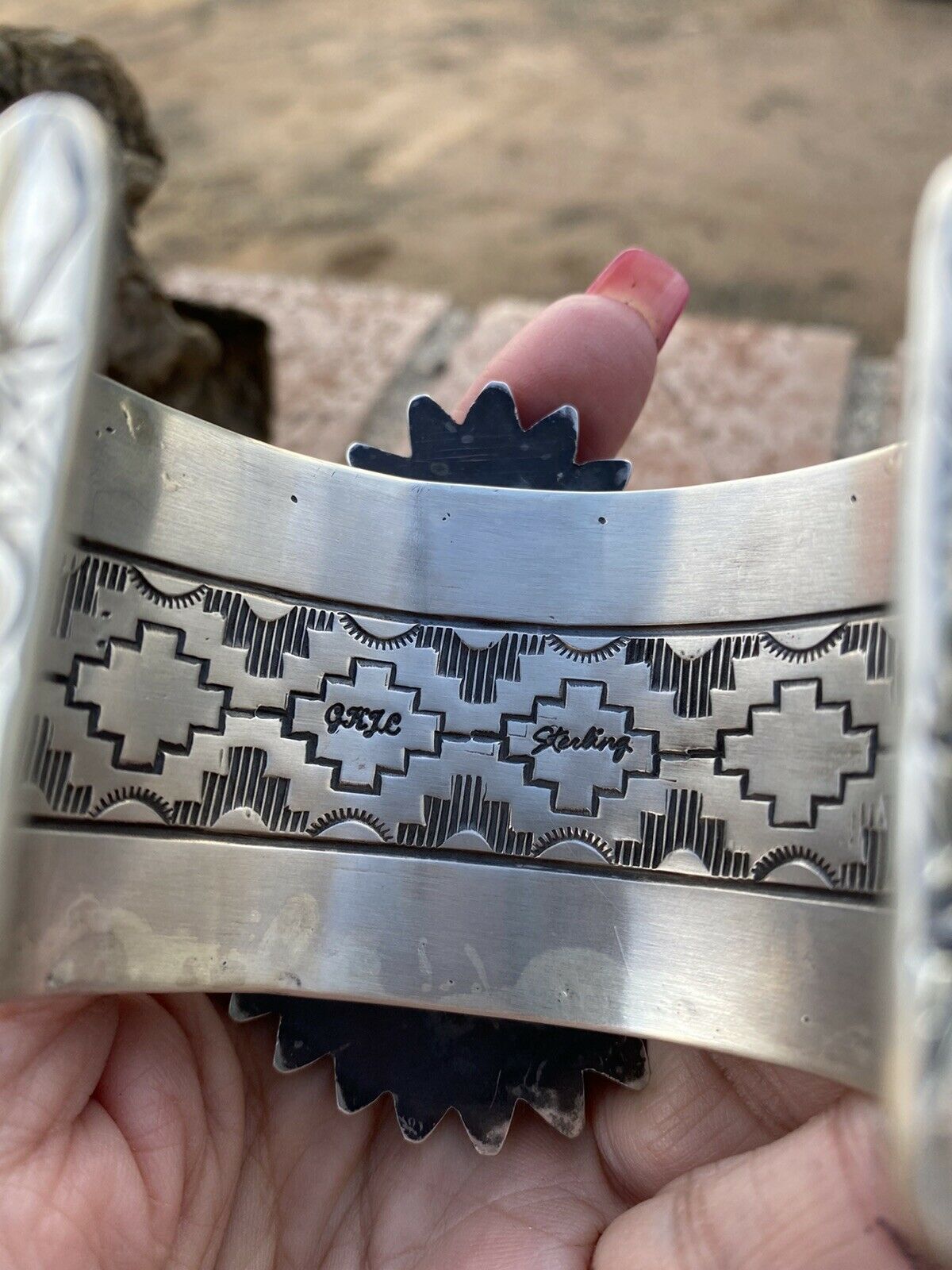 Sterling Silver & Royston Turquoise Cuff Bracelet Signed /