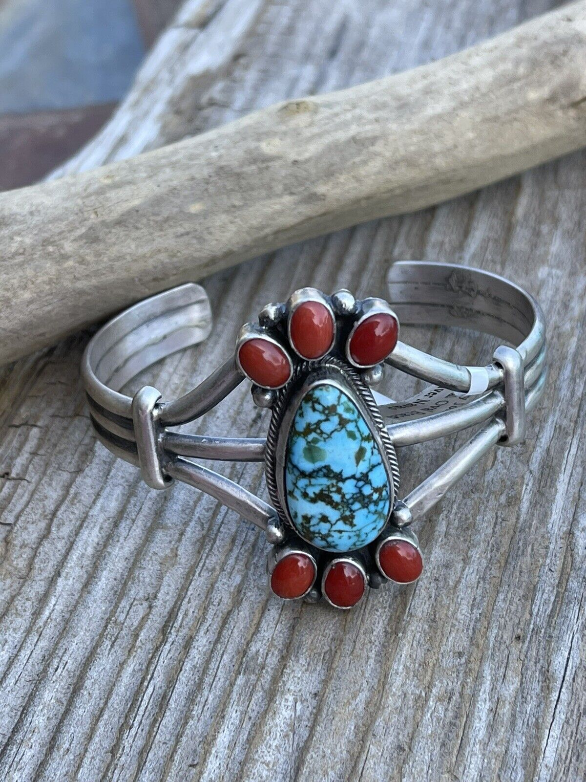 Navajo Sterling Kingman Web Turquoise & Red Coral Taos Bracelet Cuff by Bobby Johnson /
