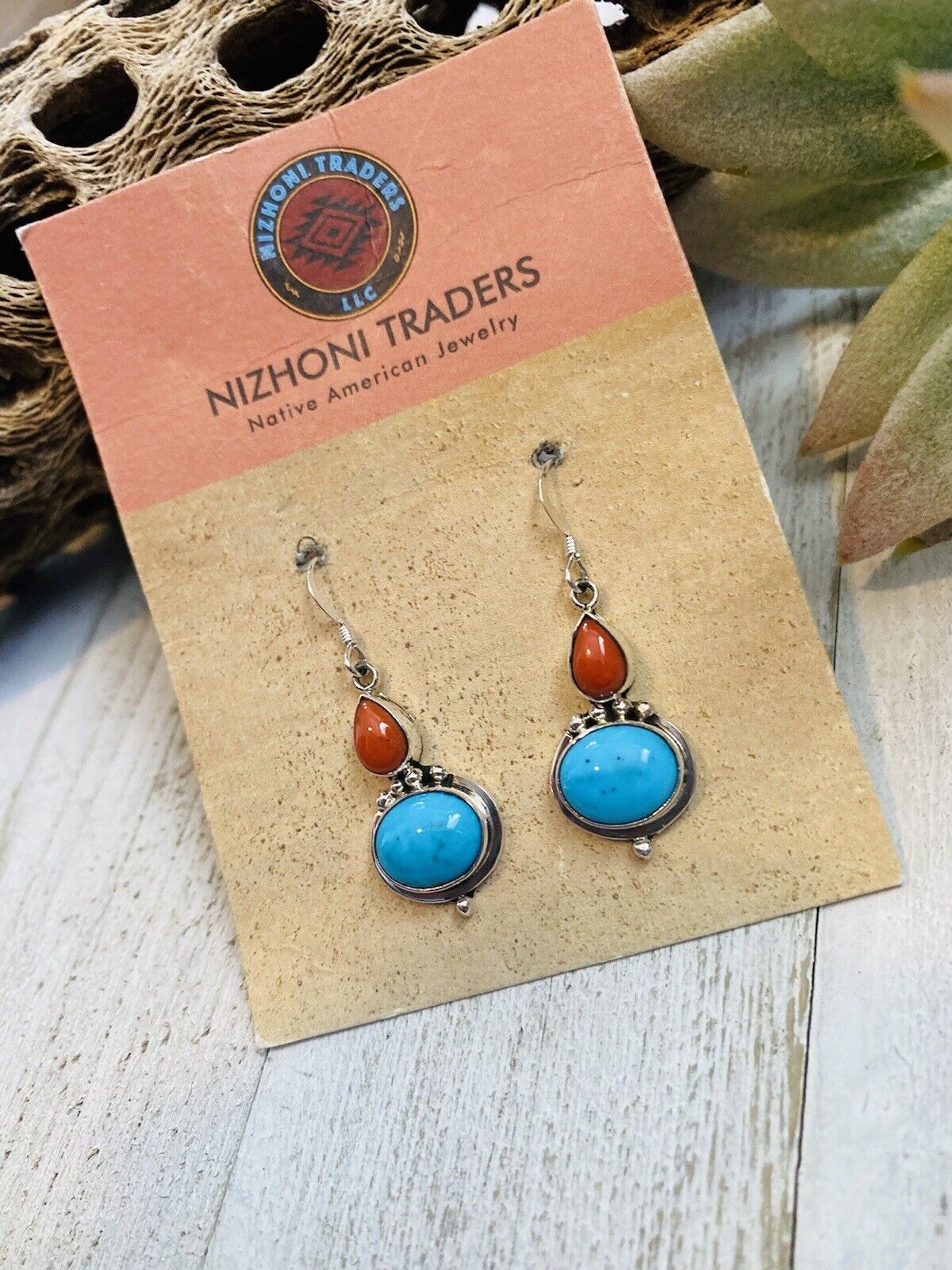 Handcrafted Turquoise, Coral & Sterling Silver Dangle Earrings