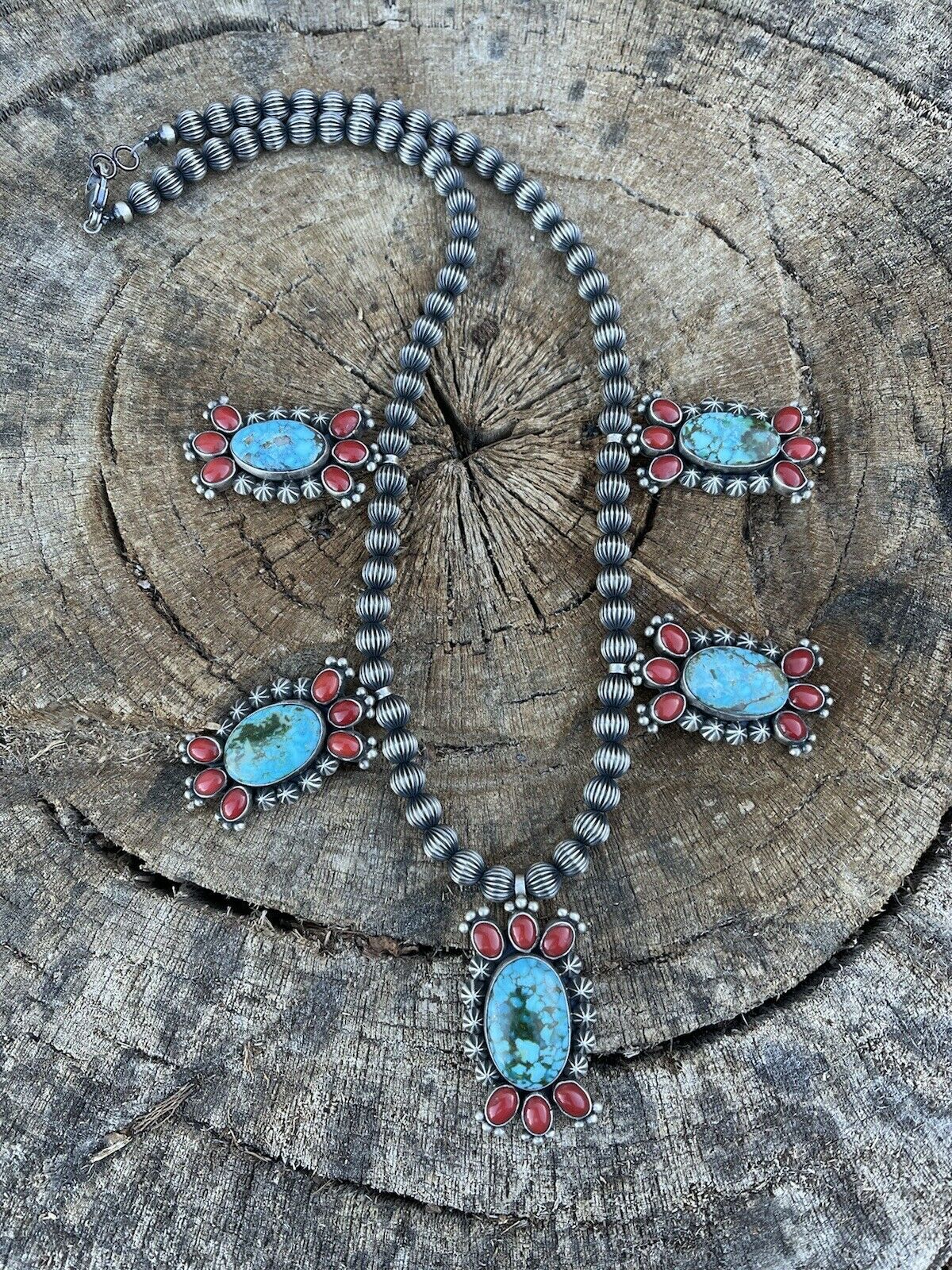 Handcrafted Sterling Kingman Turquoise Natural Red Coral Necklace Taos Collection