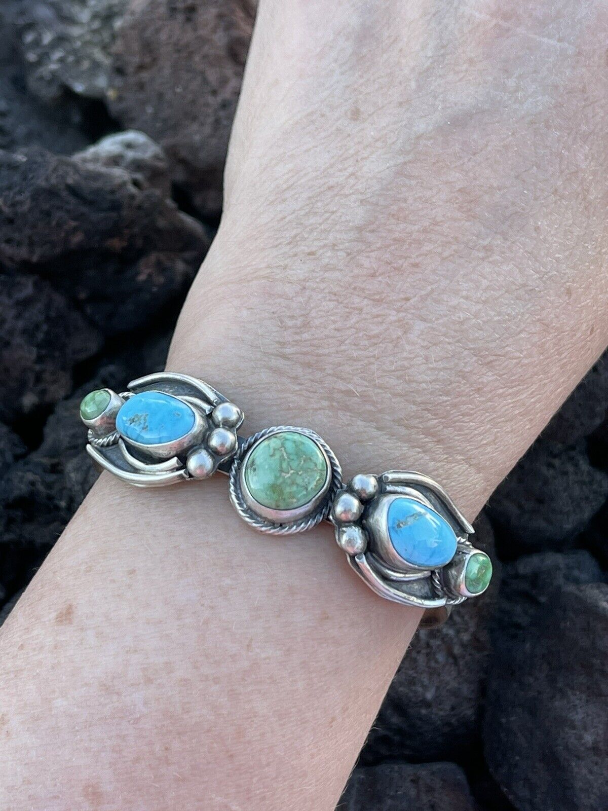 Navajo Sterling Sonoran Gold & Golden Hills Turquoise Cuff Bracelet Signed /