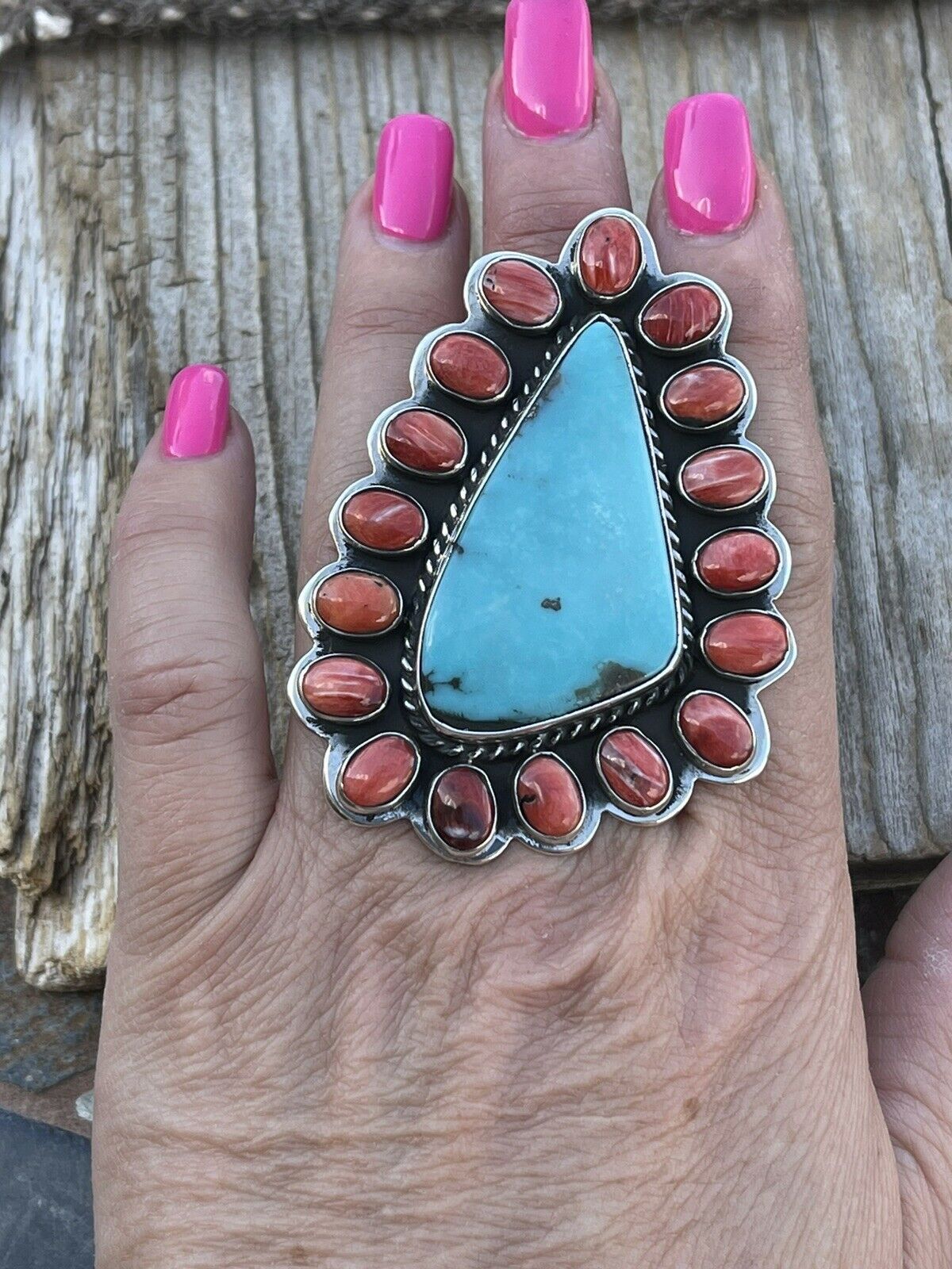 Handcrafted Cluster Fox Turquoise Spiny Sterling Silver Ring Sz Is Adjustable