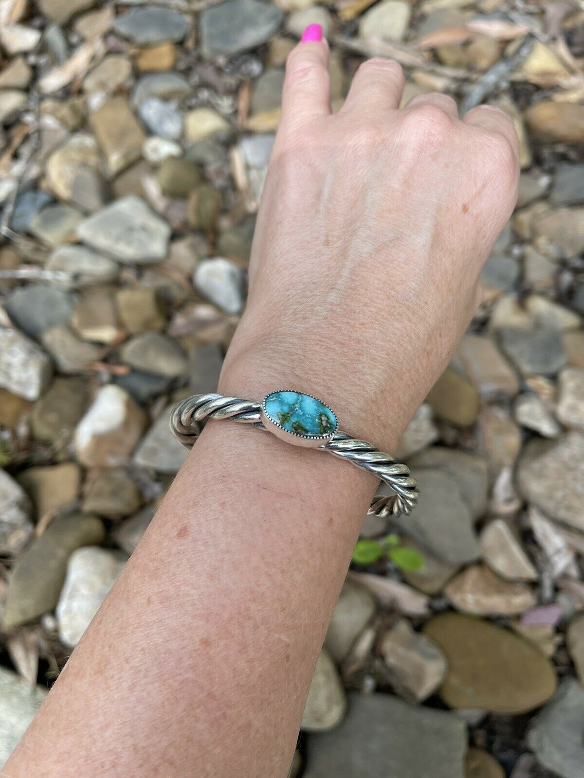 Handcrafted Sterling Sonoran Mountain Turquoise Rope Style Bracelet Cuff