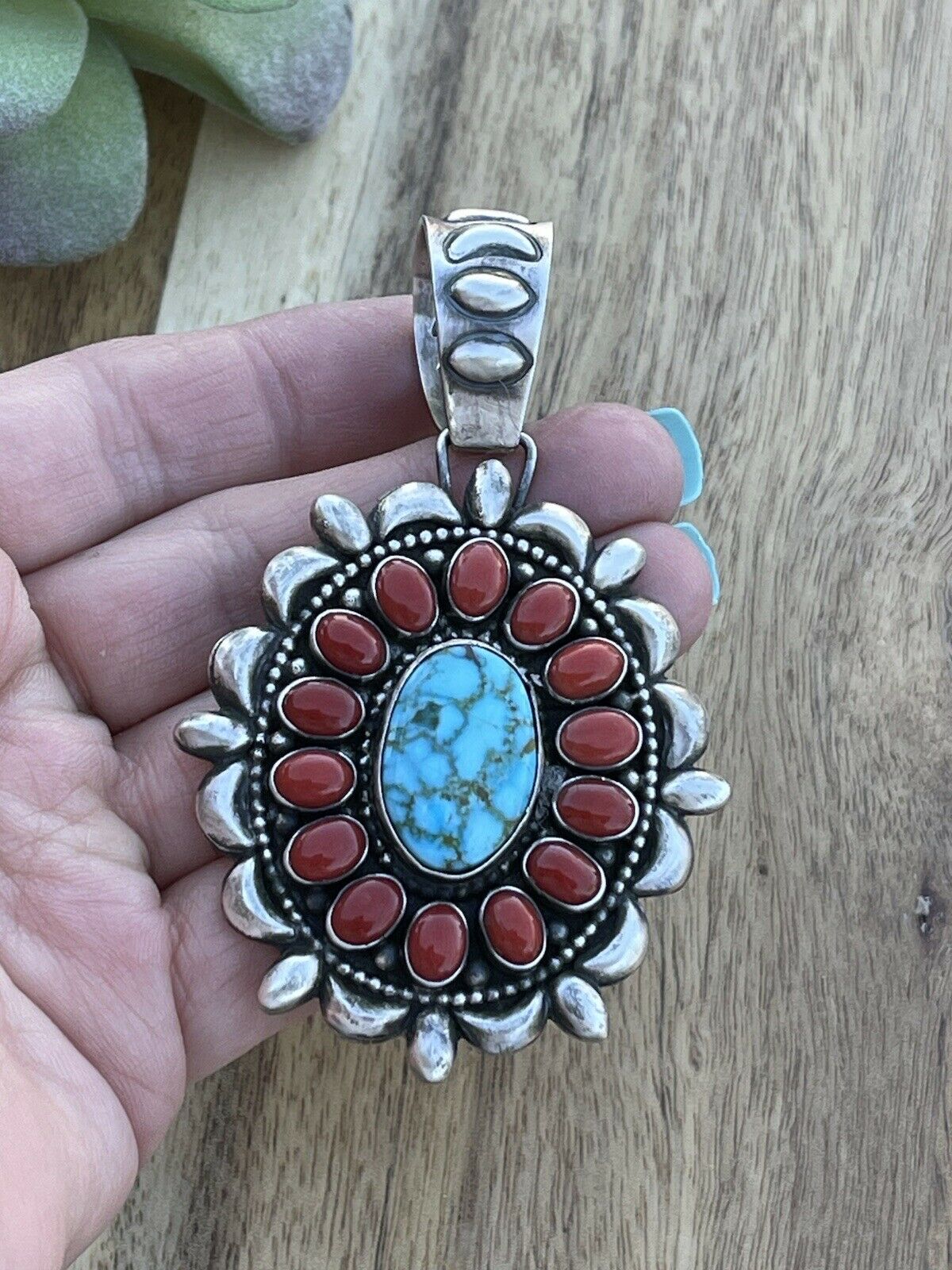 Handcrafted Kingman Web Turquoise & Red Coral Taos Ornate Pendant D. Clark