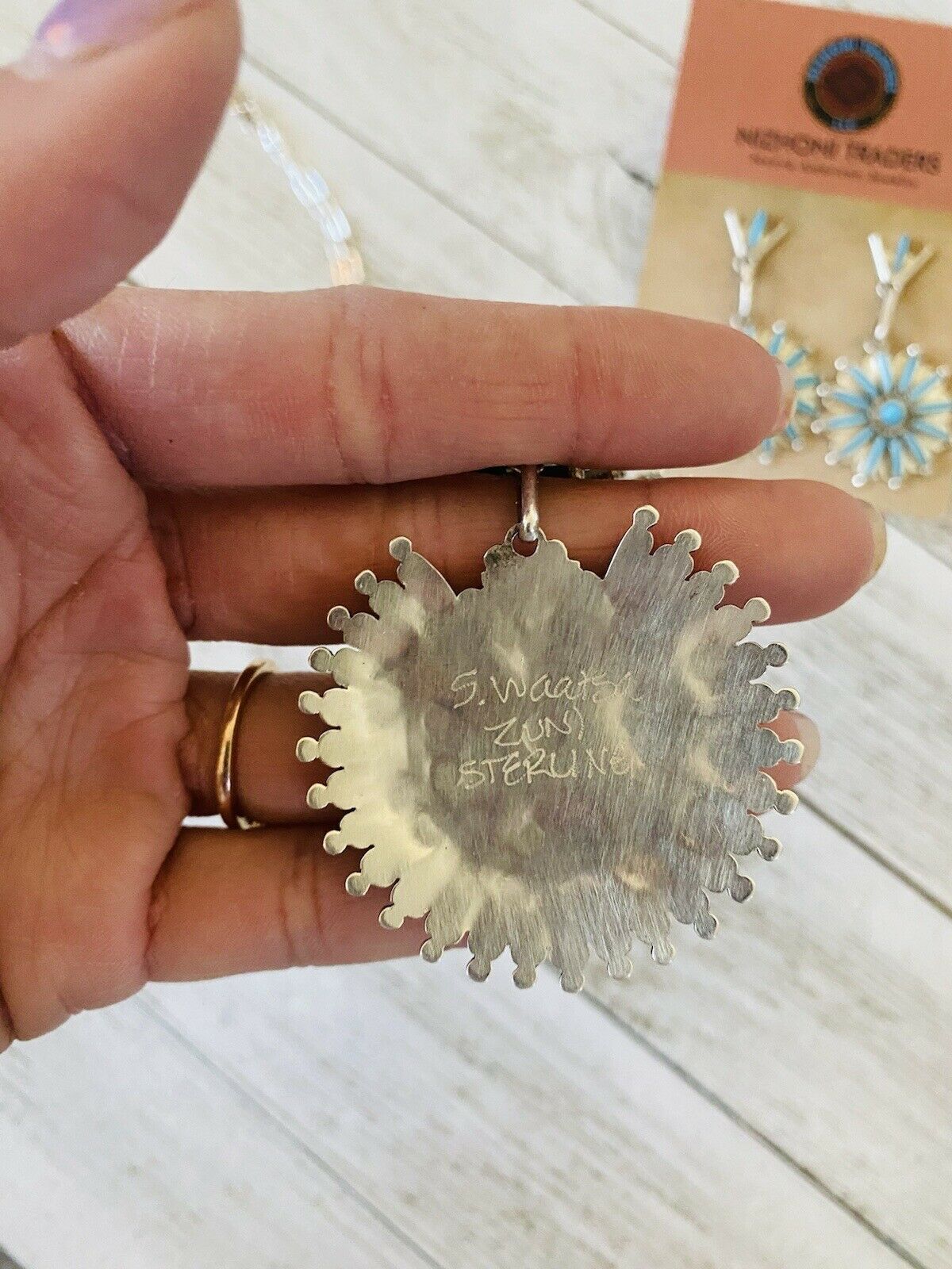 Zuni Sterling Silver & Turquoise Needlepoint Necklace & Earring Set Signed