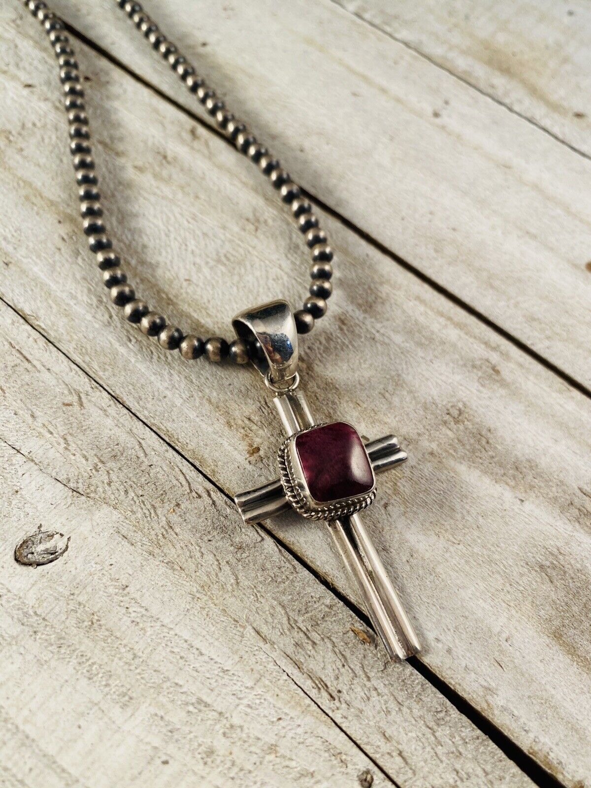 Handcrafted Sterling Silver & Purple Spiny Oyster Cross Pendant Signed