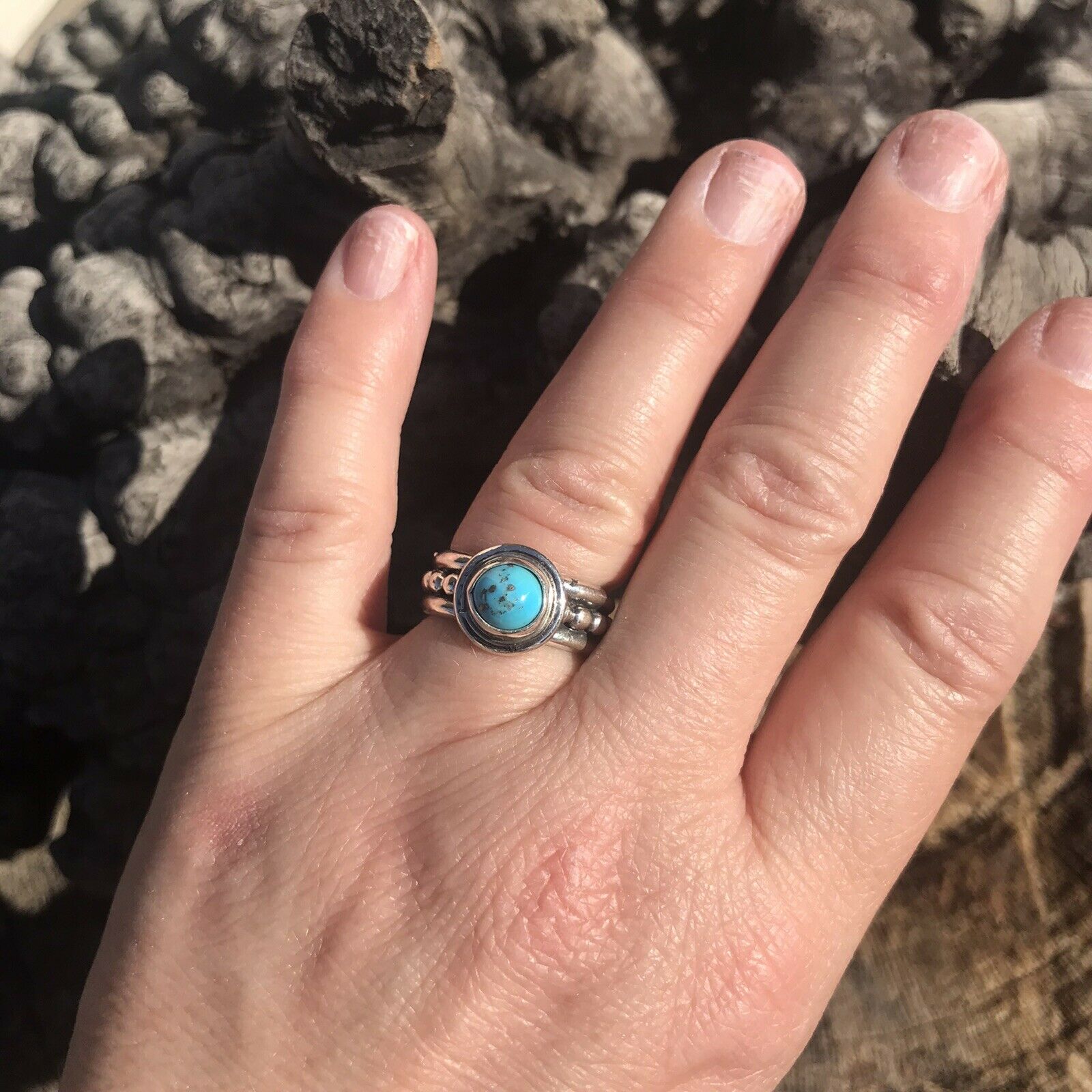Handcrafted Kingman Turquoise & Sterling Silver Dotted Band Ring