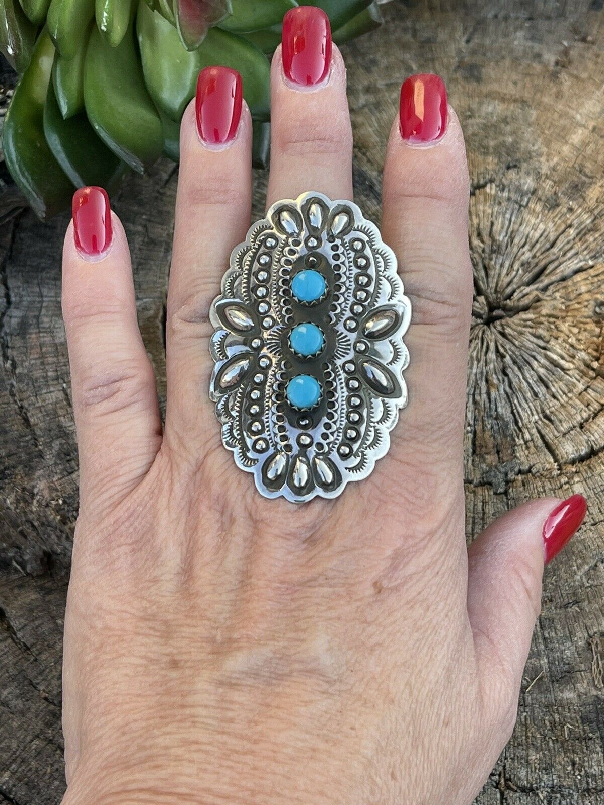 Handcrafted 3 Stone Turquoise & Sterling Silver Concho Ring Adjustable Signed L.Tahe