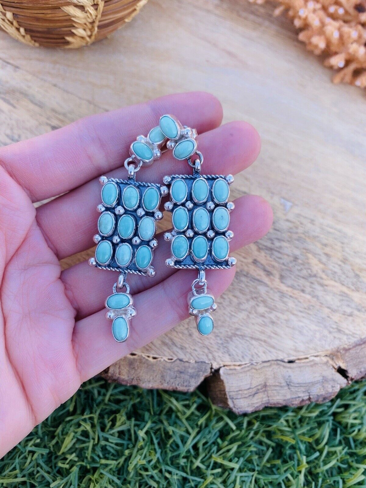 Handcrafted Turquoise & Sterling Silver Cluster Dangle Earrings Signed