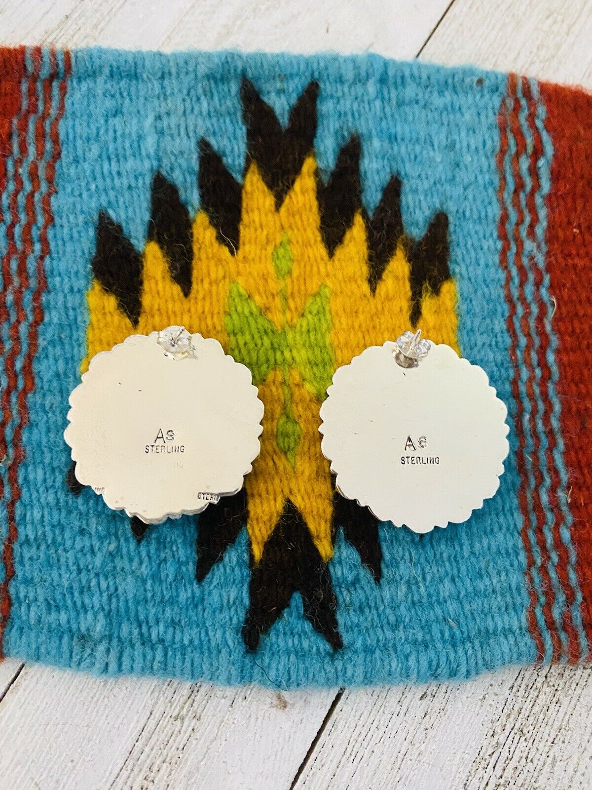 Handcrafted Sleeping Beauty Turquoise & Sterling Silver Cluster Stud Earrings Signed