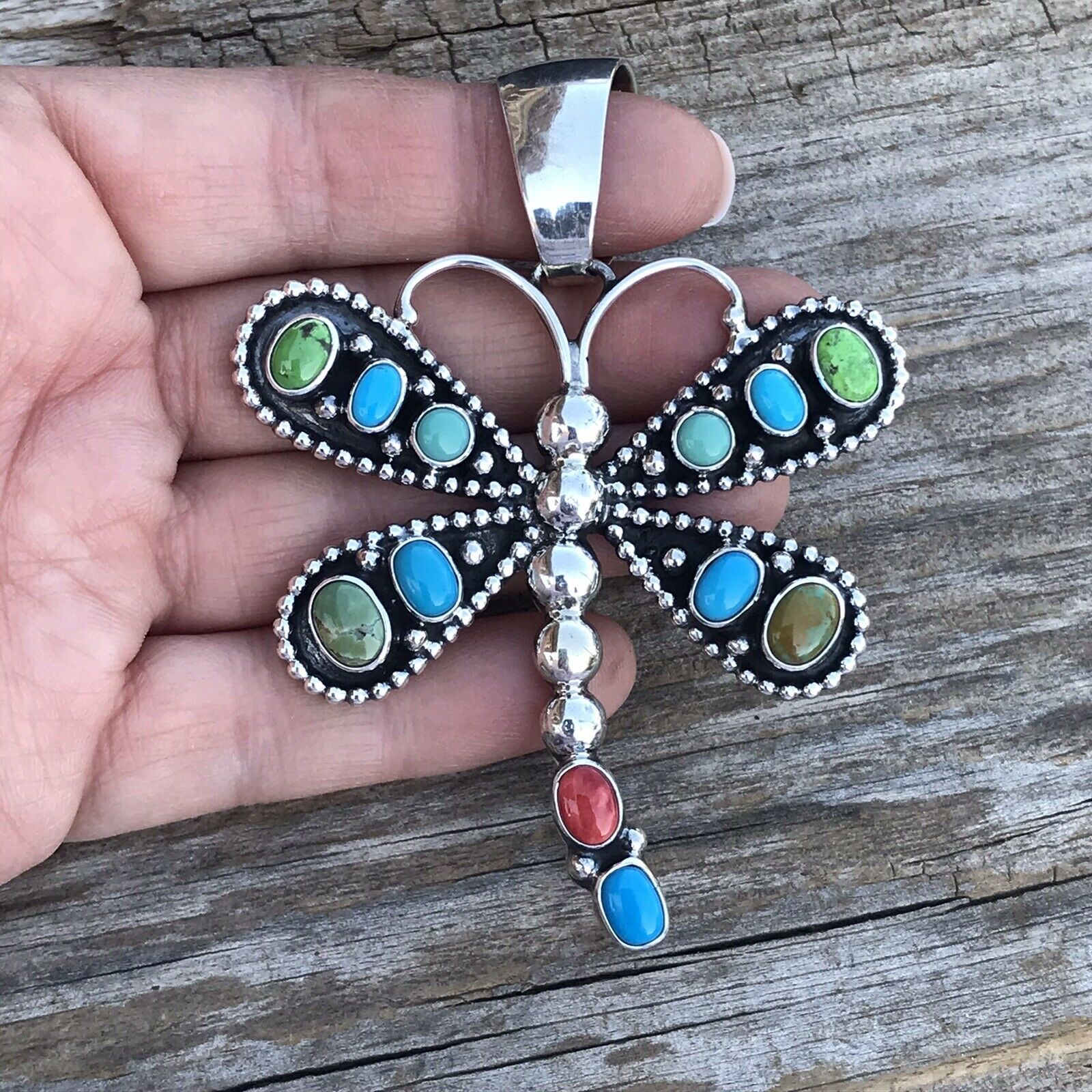 Beautiful Navajo Sterling Silver Multi Stone Dragonfly Pendant Paul Livingston