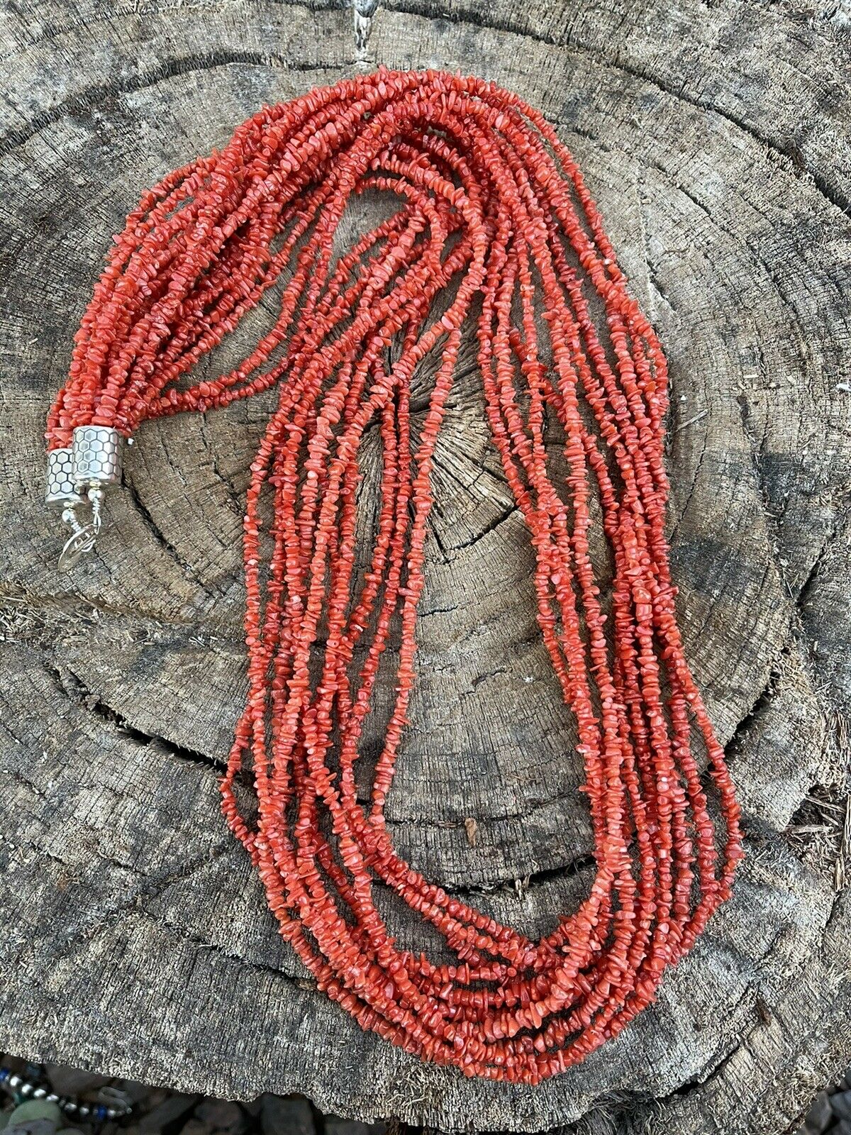 Handcrafted Sterling Silver Pink Coral 10 Strand Bead Necklack