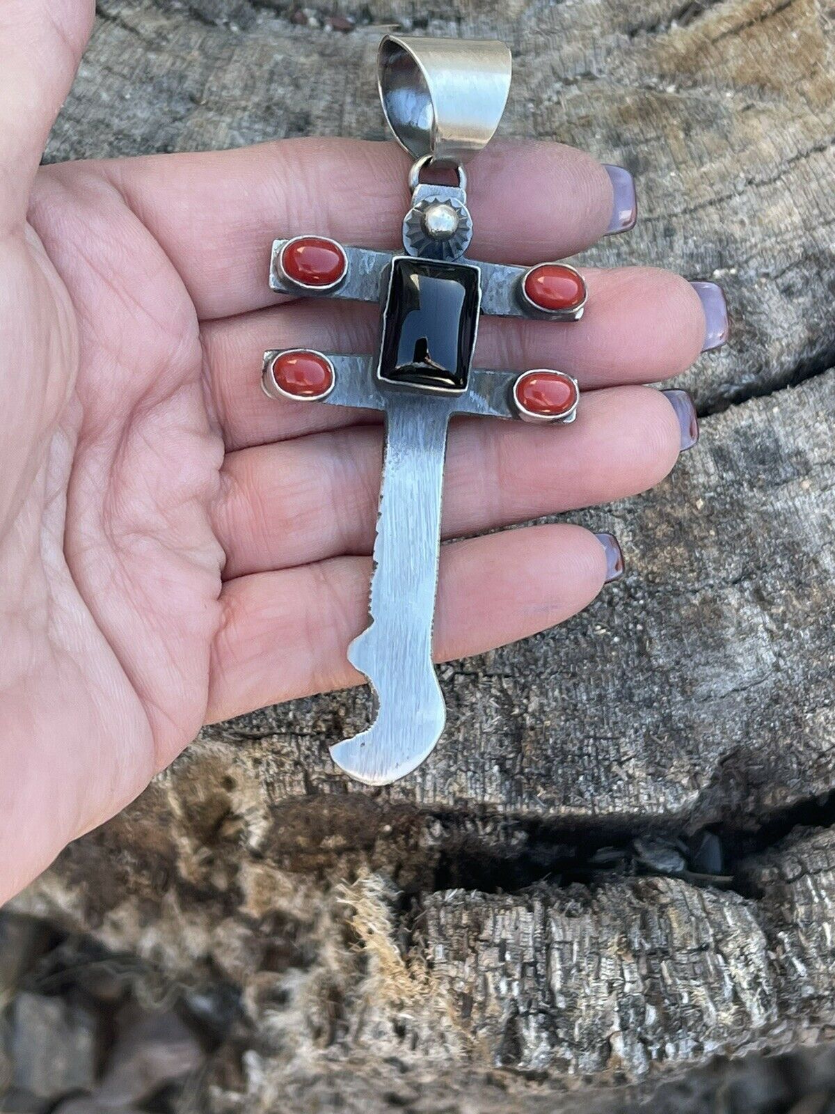 Handcrafted Sterling Silver Black Onyx and Coral Dragonfly Pendant By Chimney Butte