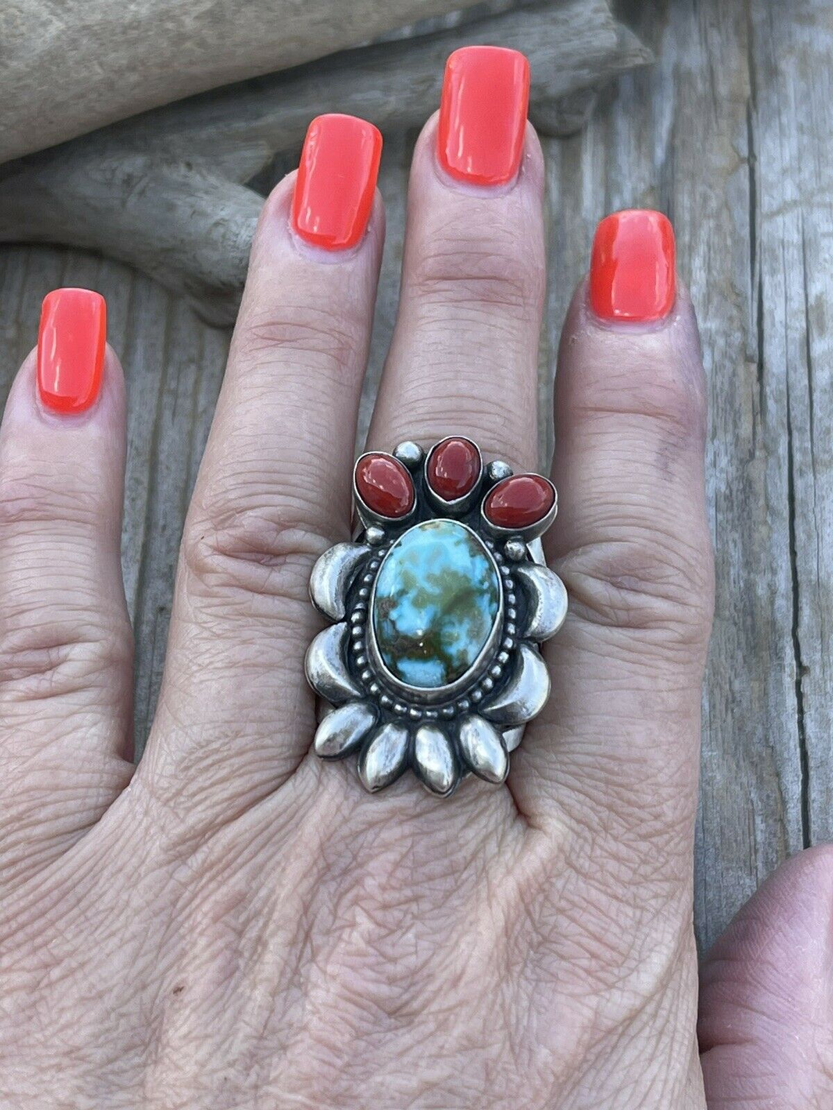 Handcrafted Sterling Silver Kingman Web Turquoise & Red Coral Taos Collection Ring Sz 8.5