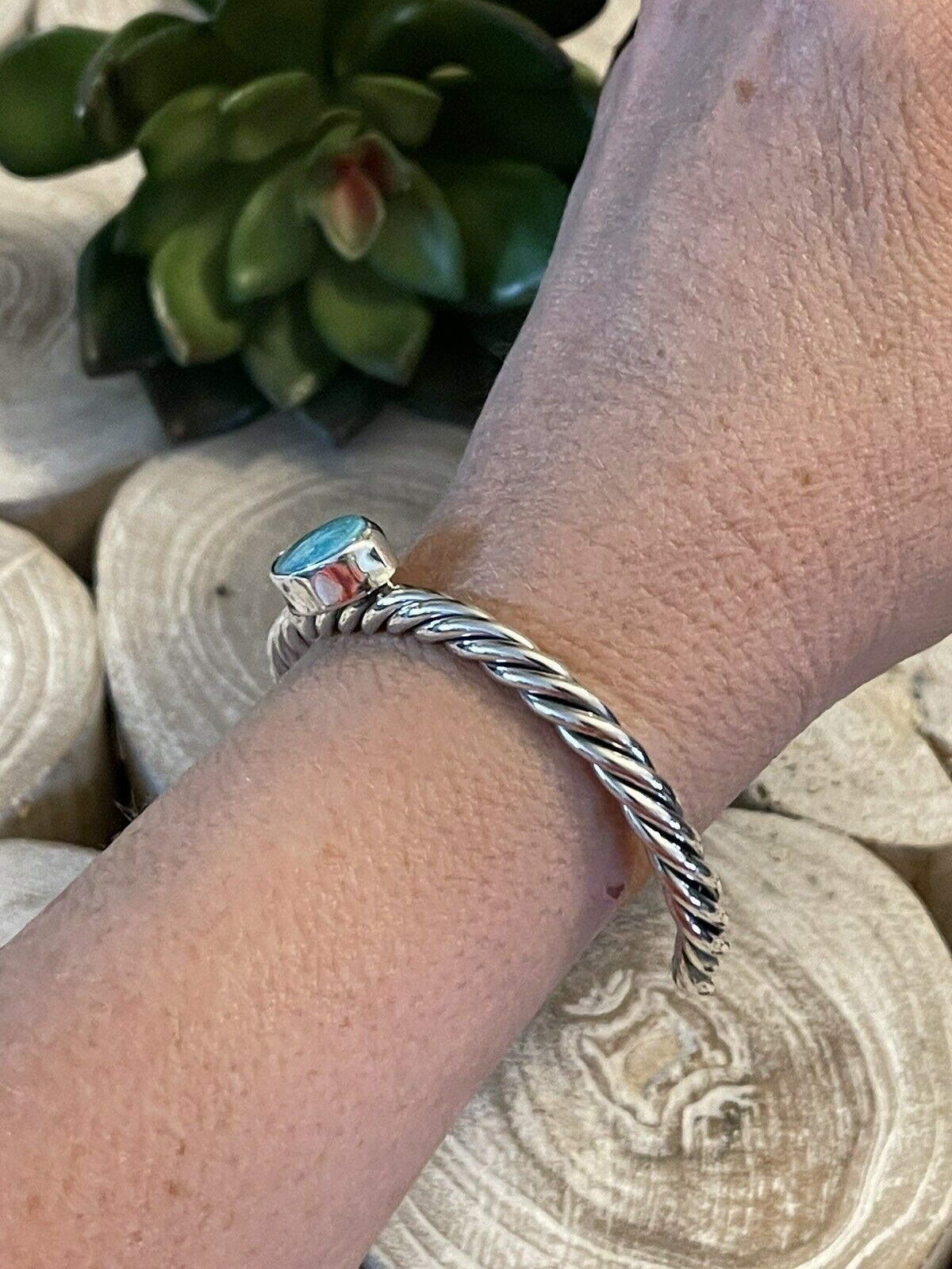 Handcrafted Sterling Sonoran Mountain Turquoise Southwest Rope Bracelet Cuff