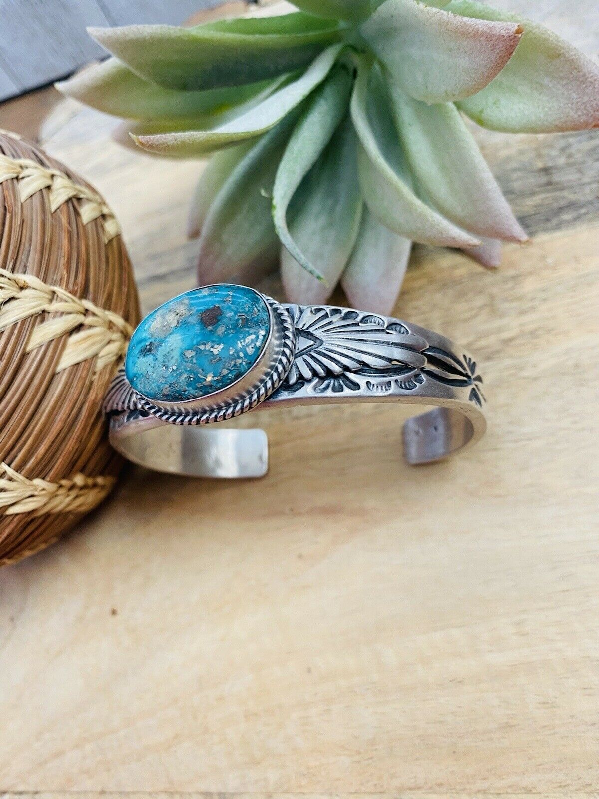 Handcrafted Sterling Silver & Royston Turquoise Cuff Bracelet Signed